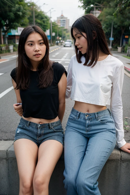 (((Staring at the audience)))、((smile))、((Open Stance))、(かわいいTeenファッションモデル:1.5),Bust Focus, blue eyes, Natural light, Underarm, Thin waist,  Perfect Lips,  like々Shii, Teen, Background pedestrian street、((White tight crop top)),Narrow waist、((Fitness Wear)),((セクシーなlikeい女性の体:1.4)),Large Bust、View from the front、Stand with your feet apart、
