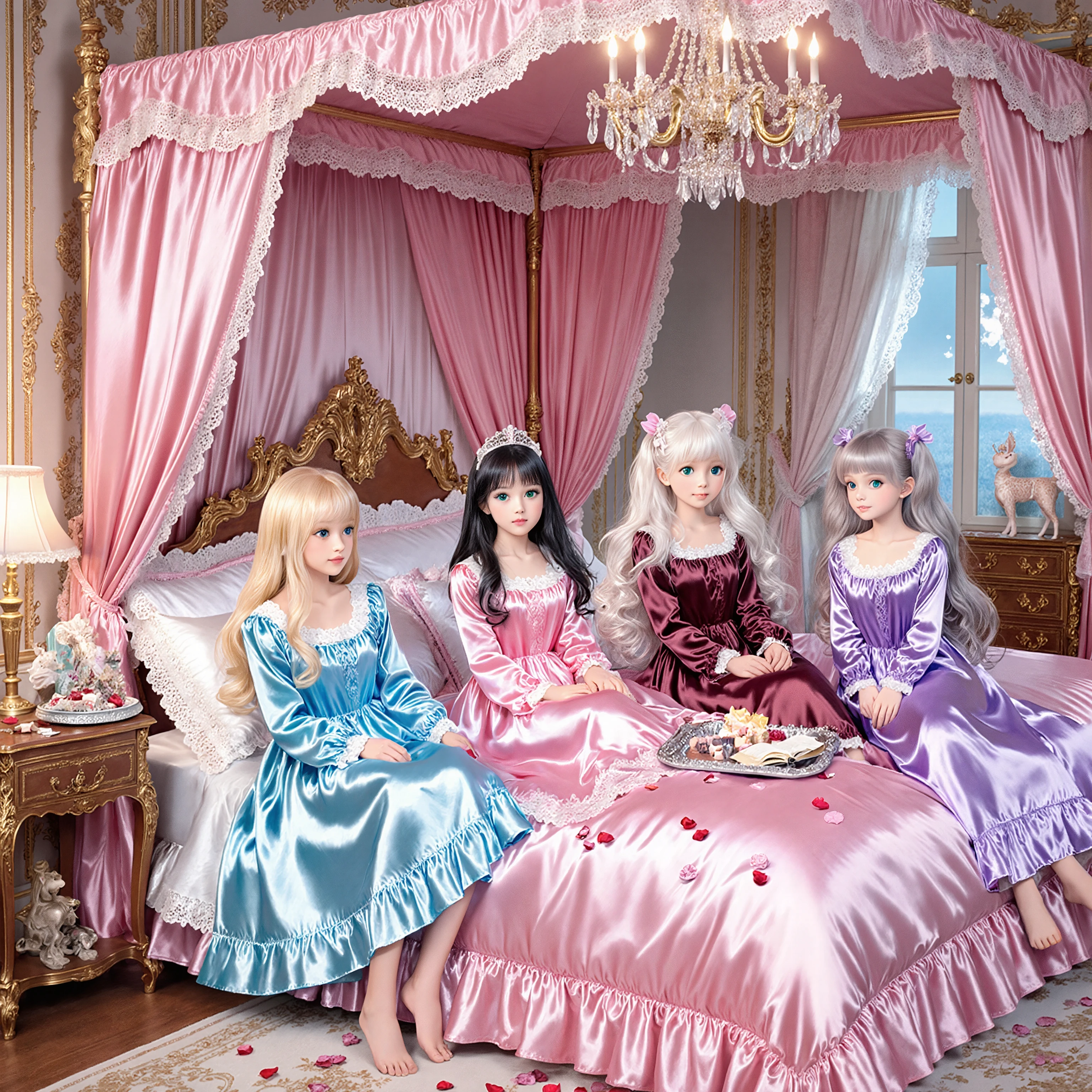 4 Princesses' Pyjama Party, luxurious bedroom, The intimate interaction of the princesses, Lovely Atmosphere, Anime-style illustrations Princess characteristics:
- Blonde Princess: Light Blue Silk Nightgown, Long Hair, Blue Eyes
- Princess with Black Hair: PINK NIGHTGowns, straight long, Purple Eyes
- Maroon Princess: White Satin Nightgown, loose fluffy waves, Green Eyes
- Princess with Silver Hair: Lavender Nightgown, Twin Tails, Red Eyes on the Bed:
- pink gorgeous canopy
- pink and white silk bedspread
- piled cushions
- fluffy feather pillows
- scattered rose petals
- Lace Decor Room Decor:
- Huge Crystal Chandelier
- gold-decorated walls
- large windows and lace curtains
- antique furniture
- A luxurious dresser
- Window accessories let in the moonlight:
- Silver tray filled with sweets
- crystal glasses
- An open picture book
- sparkly accessories
- Stuffed animals
- Expression of natural shadows
- Lively look
- In this prompt、I cherished the intimate interaction of the princesses、Elegant like a girls' manga I'm expressing it with cuteness。Large pink canopy bed、I cherished the peaceful atmosphere。