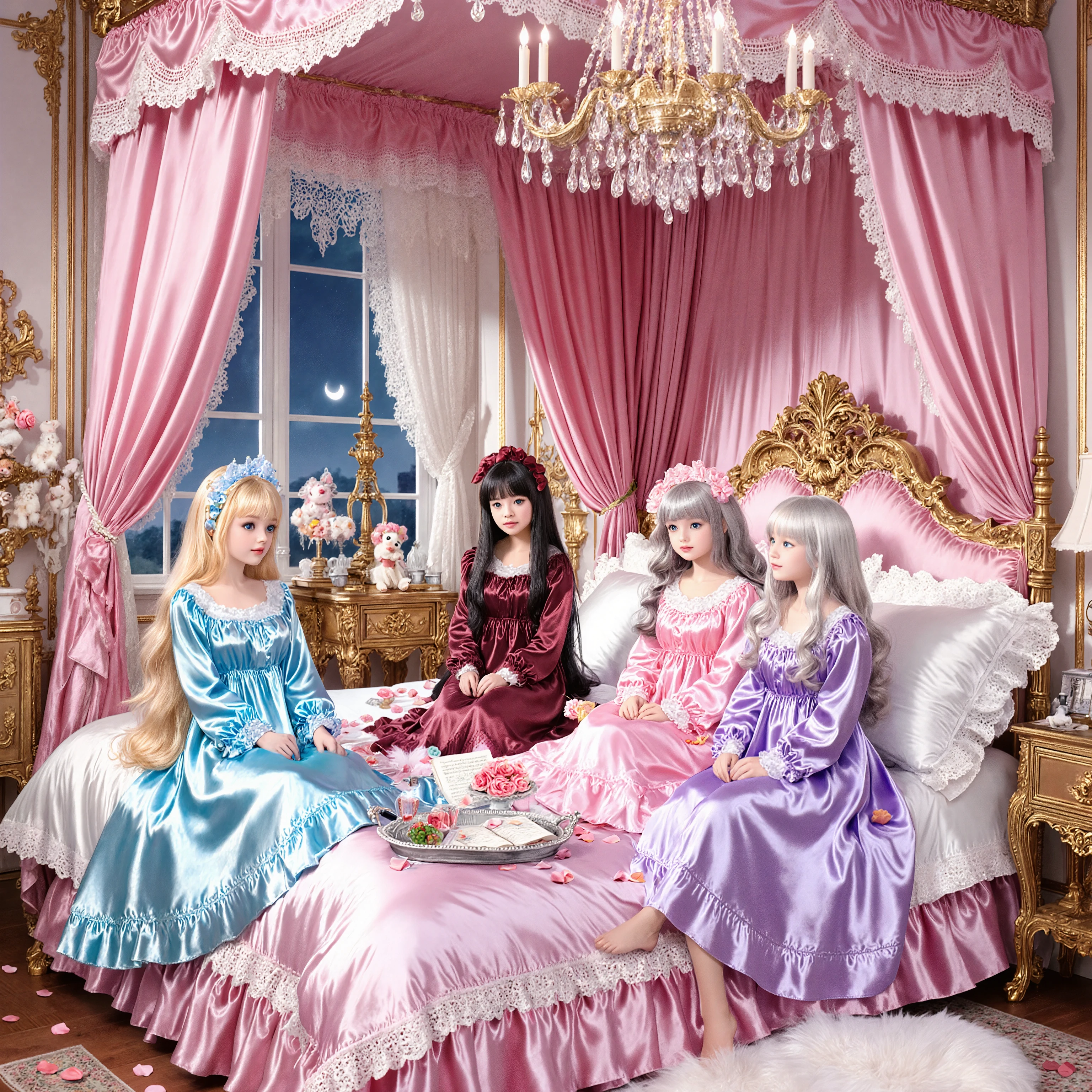 4 Princesses' Pyjama Party, luxurious bedroom, The intimate interaction of the princesses, Lovely Atmosphere, Anime-style illustrations Princess characteristics:
- Blonde Princess: Light Blue Silk Nightgown, Long Hair, Blue Eyes
- Princess with Black Hair: PINK NIGHTGowns, straight long, Purple Eyes
- Maroon Princess: White Satin Nightgown, loose fluffy waves, Green Eyes
- Princess with Silver Hair: Lavender Nightgown, Twin Tails, Red Eyes on the Bed:
- pink gorgeous canopy
- pink and white silk bedspread
- piled cushions
- fluffy feather pillows
- scattered rose petals
- Lace Decor Room Decor:
- Huge Crystal Chandelier
- gold-decorated walls
- large windows and lace curtains
- antique furniture
- A luxurious dresser
- Window accessories let in the moonlight:
- Silver tray filled with sweets
- crystal glasses
- An open picture book
- sparkly accessories
- Stuffed animals 
- Expression of natural shadows
- Lively look
- In this prompt、I cherished the intimate interaction of the princesses、Elegant like a girls' manga I'm expressing it with cuteness。Large pink canopy bed、I cherished the peaceful atmosphere。