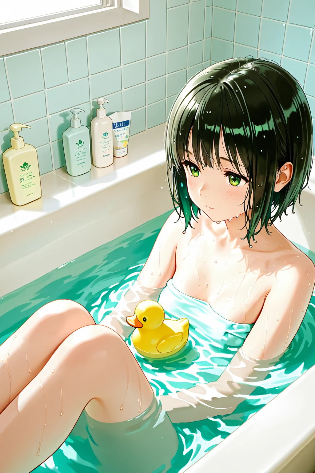 masterpiece,Highest quality,Very detailed,A girl bathing in hot water,Scared,Panic,The pupils constrict,shout,Raise your eyebrows,Are crying,Eyes Wide Open, Swimsuit, One piece swimsuit, White swimsuit, Idolmaster Shiny Colors, Nanakusa nichika, Dark green hair, Short Hair, Watery eye, Feeling embarrassed, blush, torture, whole body, Thighs, hot water bath, Bright red skin, Glowing skin