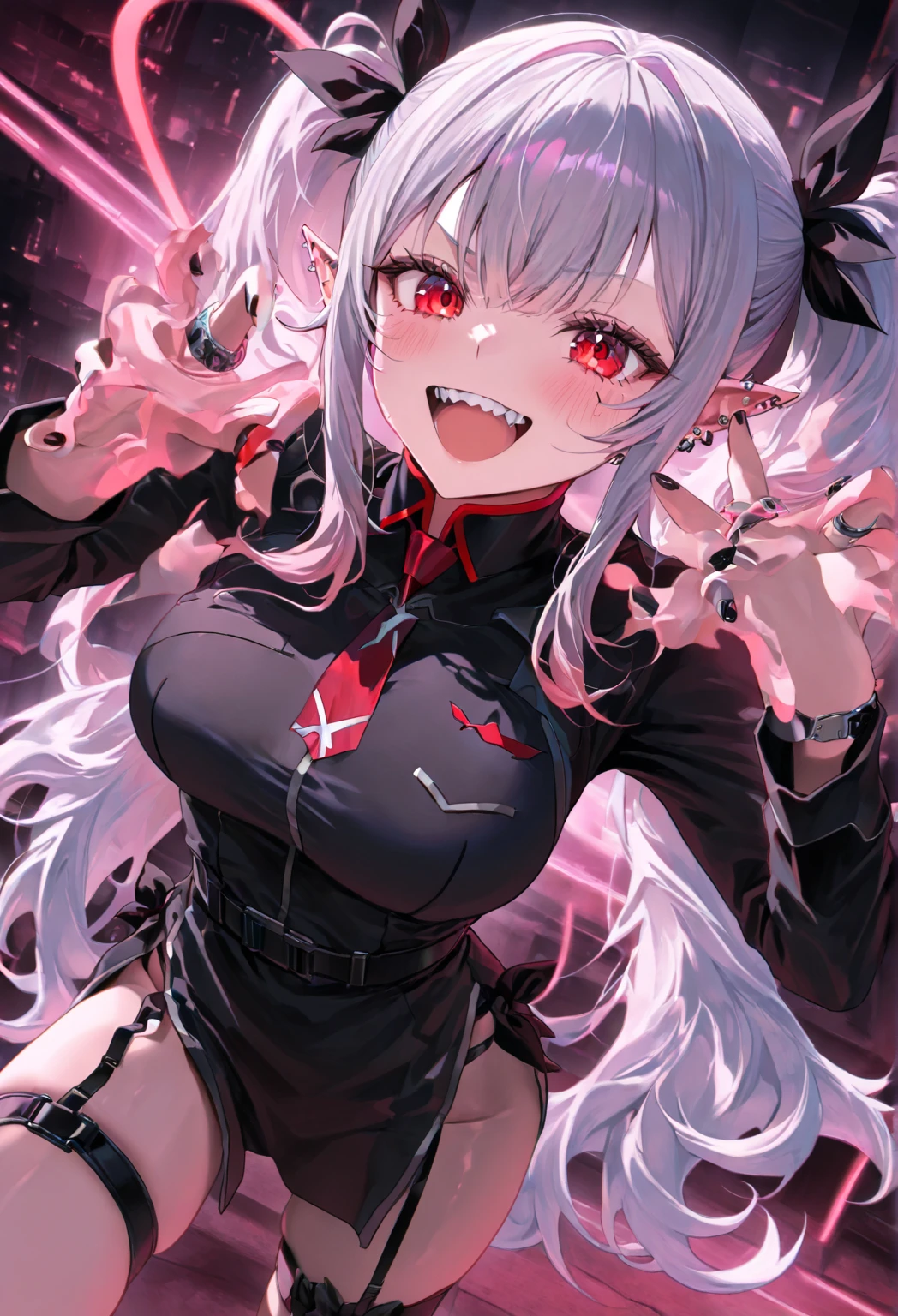 (Strong quality with clear details), one girl,sitting on a desk at school, long black hair, red eyes, beautiful face, perfect and seductive body, plump thighs, black school clothes, red tie, black mid-thigh stockings, short skirt, breasts slightly larger than average  Perfect body,cute,Blushing cheeks
