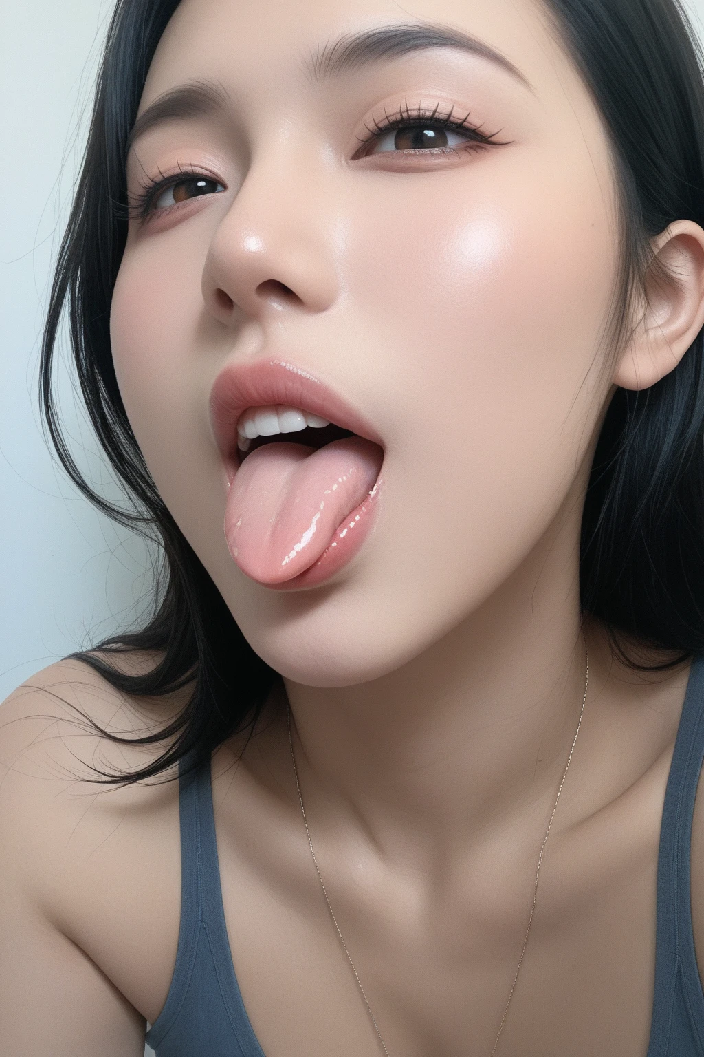 table top,,Awards - winning photos, very detailed, focus the eyes clearly, nose and mouth,face focus, woman with open mouth and closed eyes, black camisole、35 years old,black haired、symmetrical face,realistic nostrils、angle from below、elongated C-shaped nose,,,,NSFW,gray background、sweaty skin、Lighting that emphasizes the skin shining with sweat、((hook nose))Skin shiny with sweat、shiny skin、(wet and shiny tongue)The skin around the nose becomes shiny with sweat.、vulgar face、(The face of drug addiction)Drug Trip,bend diagonally sideways、upper body only,My head went up,beautiful japanese woman,