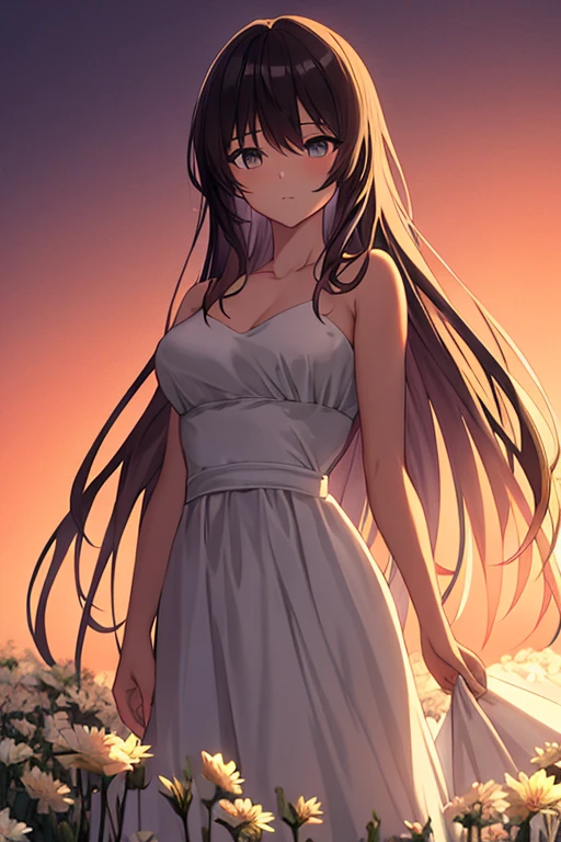 standing, hand between legs, 1girl, sunset, full nude,blush, embarrassed, sunset, outdoors, evening, grass, dusk, twilight, from below, angry, wavy mouth