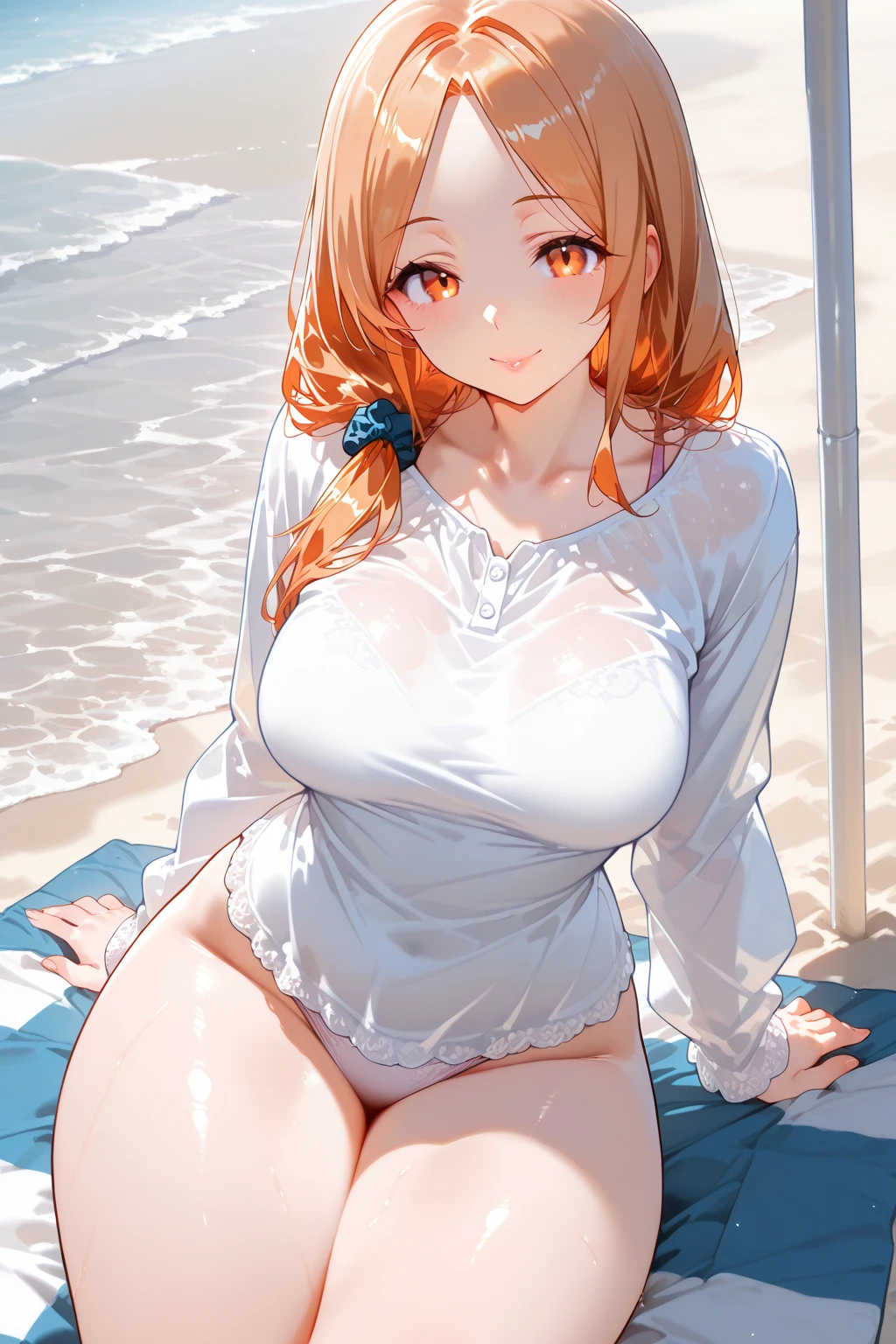Anime style, Painting, absurderes、perfect anatomia、Hani , azur Bra opened、breasts out、long hair, ‎cleavage, on the beach, see-through, red blush, smile, redhead, red hairs, beach umbrella, deckchair, naked, fully exposed clitoris, exposed , naked breasts, topless, beautiful nipples, long dress, (sweating)