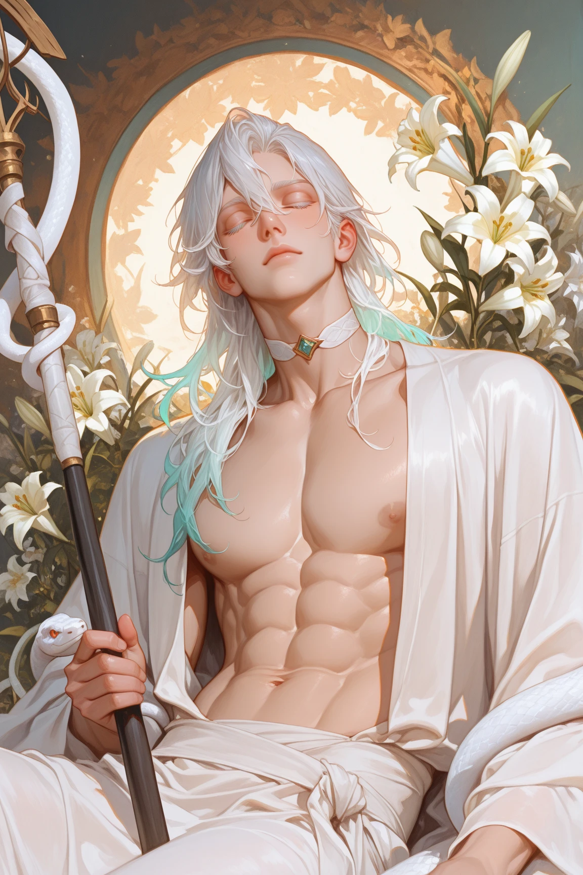(absurdress, hight resolution, overdetalization), 1 male, grown up, cutest, tall muscular guy, wide shoulders, Detailed eyes and detailed face, Short disheveled white hair , bare breast, tattoos on the body and arms, fool \tarot\, bard, clown, Symbolism, visual art, occultism, Universal, Vision Casting, Philosophical, Iconography, Divination by numbers, Popularity, an artistic, by Alphonse Mucha, sexuality, passion, A slight smile on her lips
