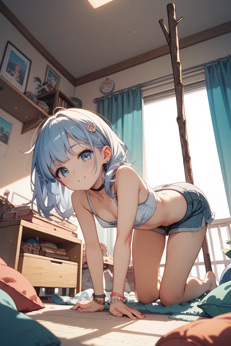 Nude、beautiful girl、Light blue bra、Light blue panties、Silver Hair、Medium Hair、Hair Ribbon、sunny、Embarrassing pose、lean forward to emphasize the chest