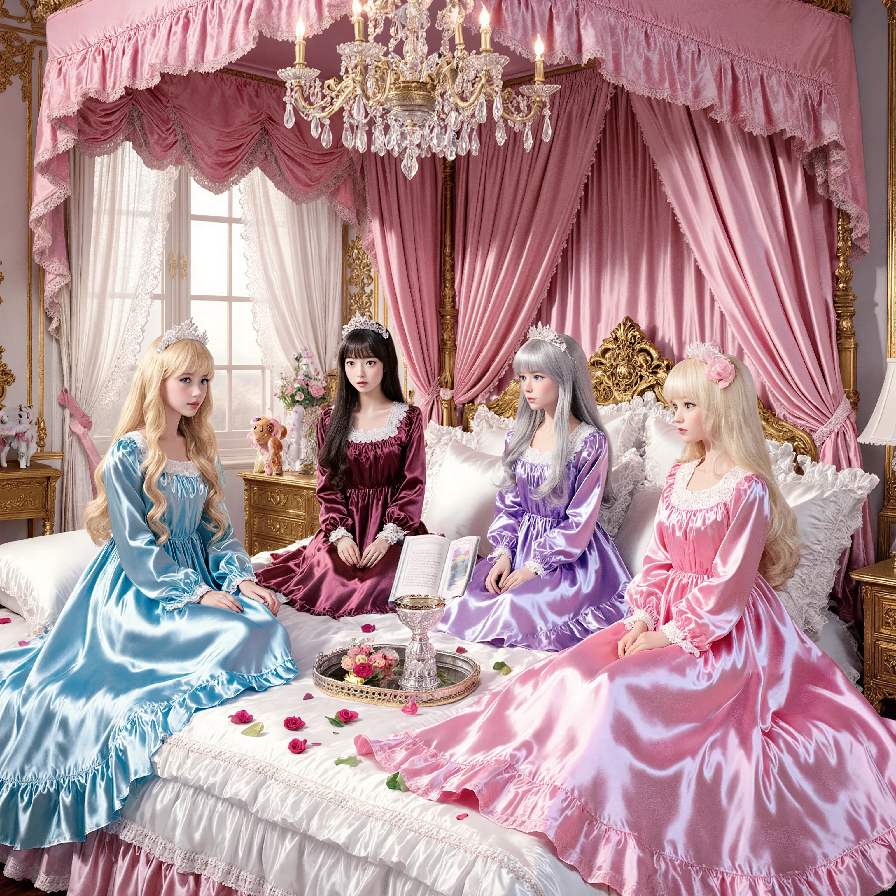 Realistic photo,4 Princesses' Pyjama Party, luxurious bedroom, The intimate interaction of the princesses, Lovely Atmosphere, Anime-style illustrations Princess characteristics:
- Blonde Princess: Light Blue Silk Nightgown, Long Hair, Blue Eyes
- Princess with Black Hair: PINK NIGHTGowns, straight long, Purple Eyes
- Maroon Princess: White Satin Nightgown, loose fluffy waves, Green Eyes
- Princess with Silver Hair: Lavender Nightgown, Twin Tails, Red Eyes on the Bed:
- pink gorgeous canopy
- pink and white silk bedspread
- piled cushions
- fluffy feather pillows
- scattered rose petals
- Lace Decor Room Decor:
- Huge Crystal Chandelier
- gold-decorated walls
- large windows and lace curtains
- antique furniture
- A luxurious dresser
- Window accessories let in the moonlight:
- Silver tray filled with sweets
- crystal glasses
- An open picture book
- sparkly accessories
- Stuffed animals
- Expression of natural shadows
- Lively look
- In this prompt、I cherished the intimate interaction of the princesses、Large pink canopy bed、I cherished the peaceful atmosphere。