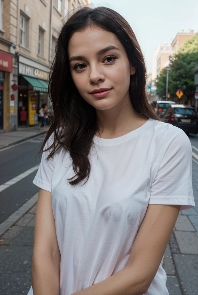 solo, very detailed, detailed face, charlotte_namura, picture of a beautiful girl wearing white dress, soft smile, outside in a common place