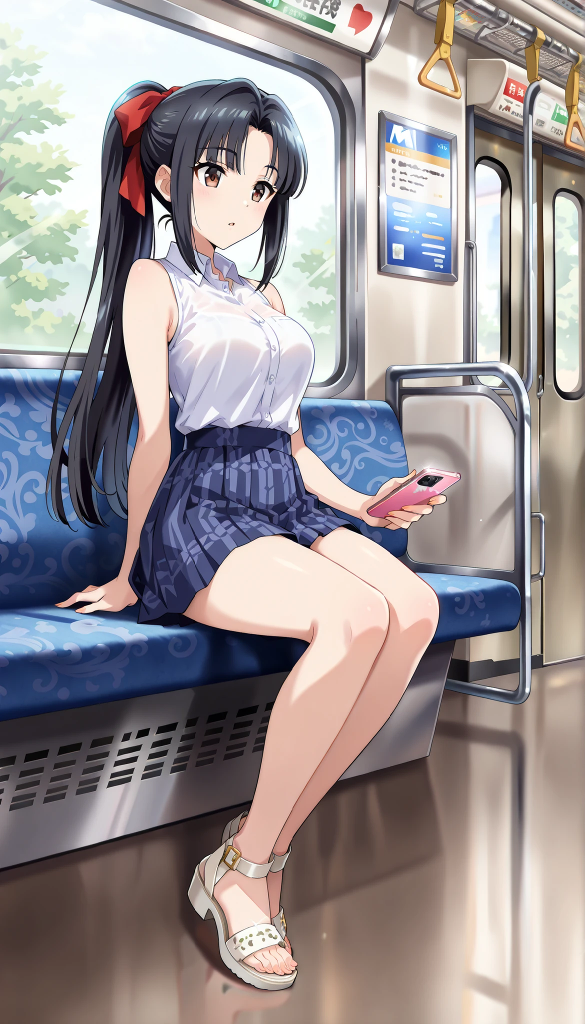 sit in a train seat, (Bend your knees, Panty shot), Camel Toe, , skirt,blush, (smile:0.7), (8k, RAW Photos, highest quality, masterpiece:1.2), 1 girl,alone,Mature Woman,Black Hair,Brown eyes,Long Hair, chest, chestの谷間, Observe the audience,I can see her panties,Showing off panties,