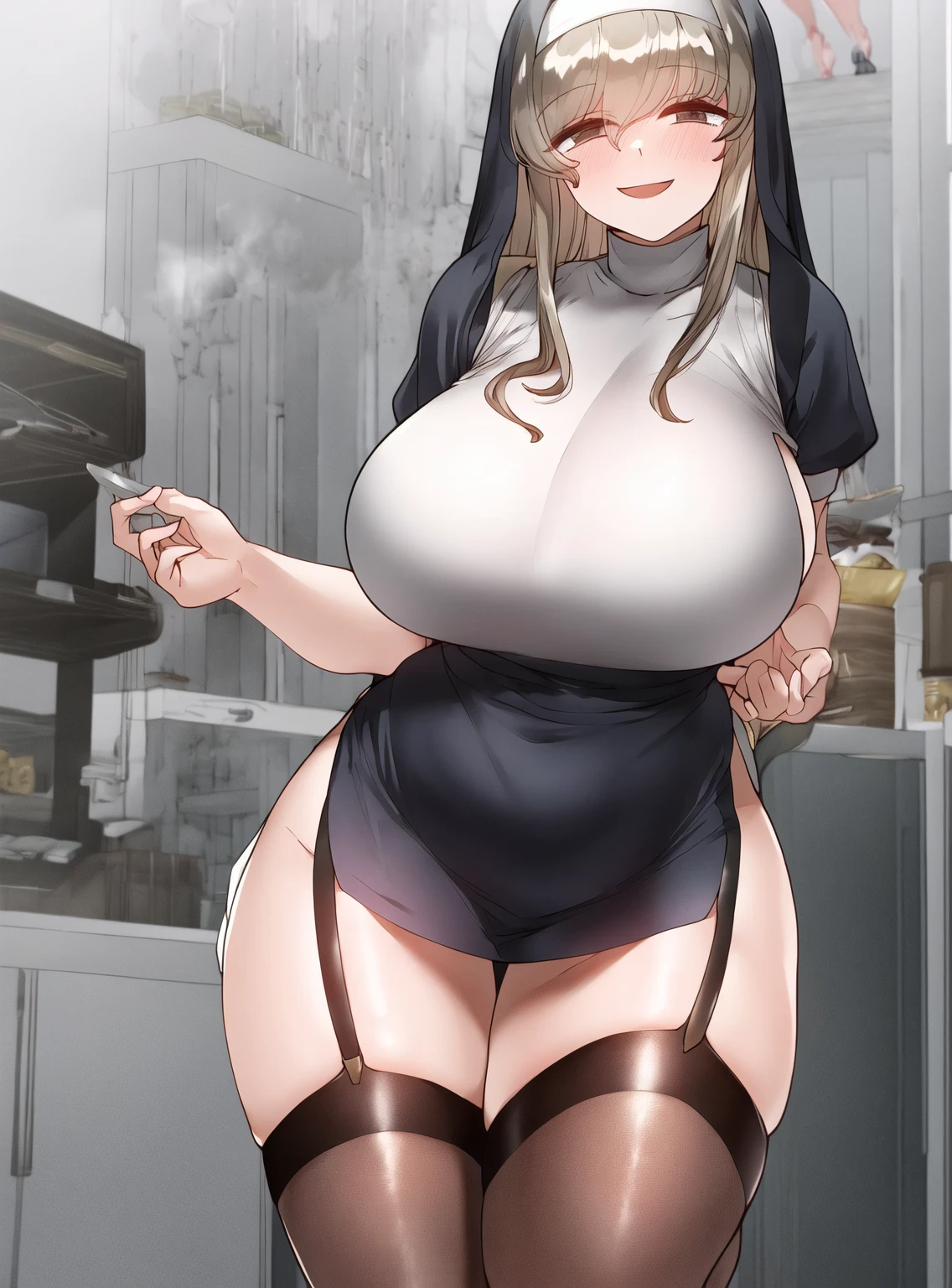 Super-detailed, 8k HD, 3d art style, 1 girl, solo, mature, tan skin, beautiful and detailed face, detailed hand, long black hair, slender hips, thick thighs, huge and droopy breast, huge round ass, expressionless, sweater and mini-skirt, thigh high fishnet stocking, eye cover head veil, standing in the kitchen, cooking