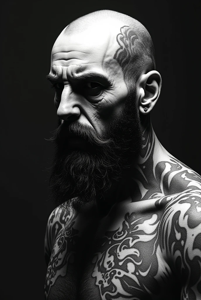 Tattooed male model shaved head, pointy mustache, soul pach, visible glasgow smile scars (scars like Heath ladgers jocker, from the corner of the mouth in the direction of the
ear, both sides, left and right) slim fitt, face and neck emerging from absolute darkness. Eyes open no make up, no shirt.