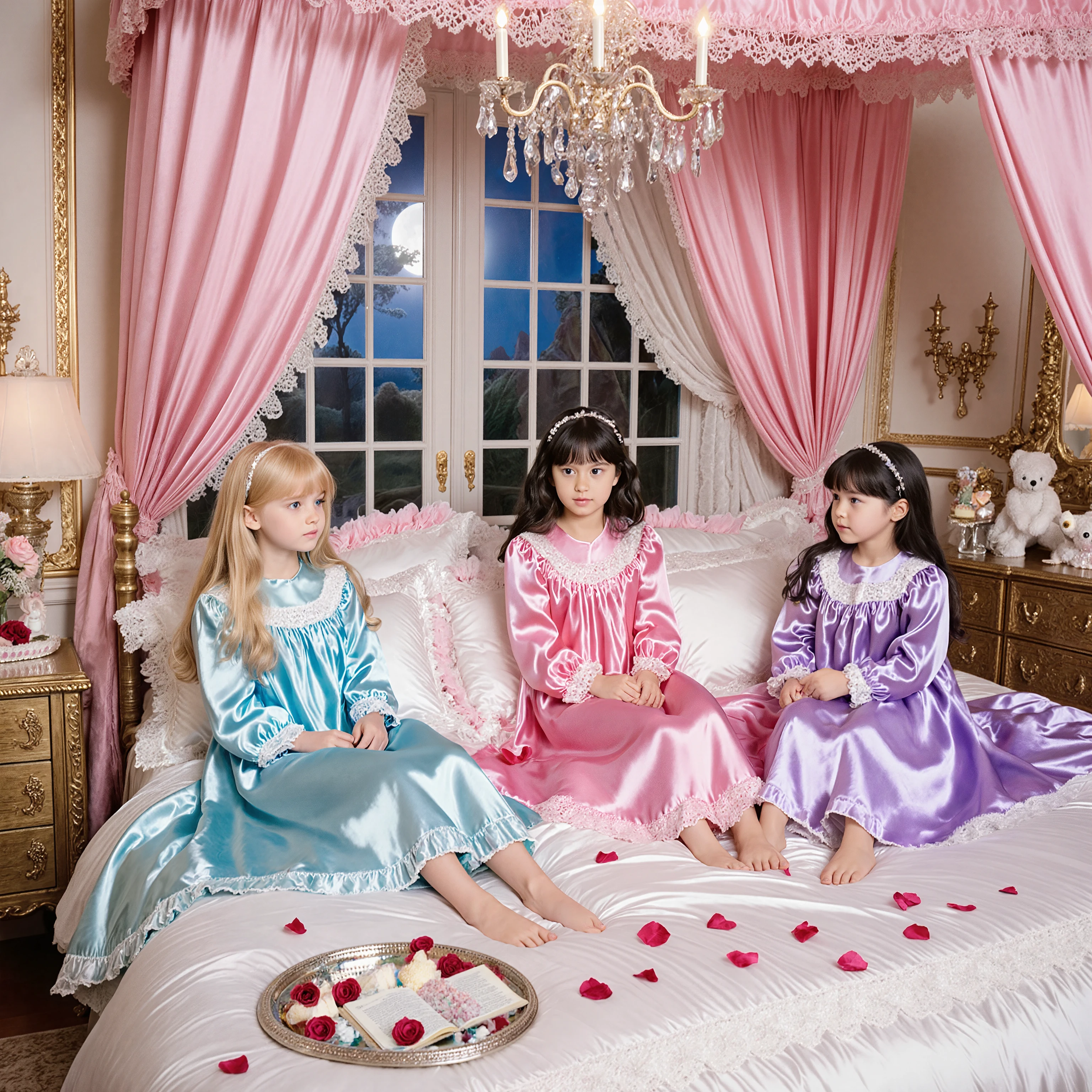 Realistic photo,4 Princesses' Pyjama Party, ((little girls,ten years old:1.5)),luxurious bedroom, The intimate interaction of the princesses,:
- Blonde Princess: Light Blue Silk Nightgown, Long Hair, Blue Eyes
- Princess with Black Hair: PINK NIGHTGowns, straight long, Purple Eyes
- Maroon Princess: White Satin Nightgown, loose fluffy waves, Green Eyes
- Princess with Silver Hair: Lavender Nightgown, Twin Tails, Red Eyes on the Bed:
- pink gorgeous canopy
- pink and white silk bedspread
- piled cushions
- fluffy feather pillows
- scattered rose petals
- Lace Decor Room Decor:
- Huge Crystal Chandelier
- gold-decorated walls
- large windows and lace curtains
- antique furniture
- A luxurious dresser
- Window accessories let in the moonlight:
- Silver tray filled with sweets
- crystal glasses
- An open picture book
- sparkly accessories
- Stuffed animals
- Expression of natural shadows
- Lively look
- In this prompt、I cherished the intimate interaction of the princesses、Large pink canopy bed、I cherished the peaceful atmosphere。