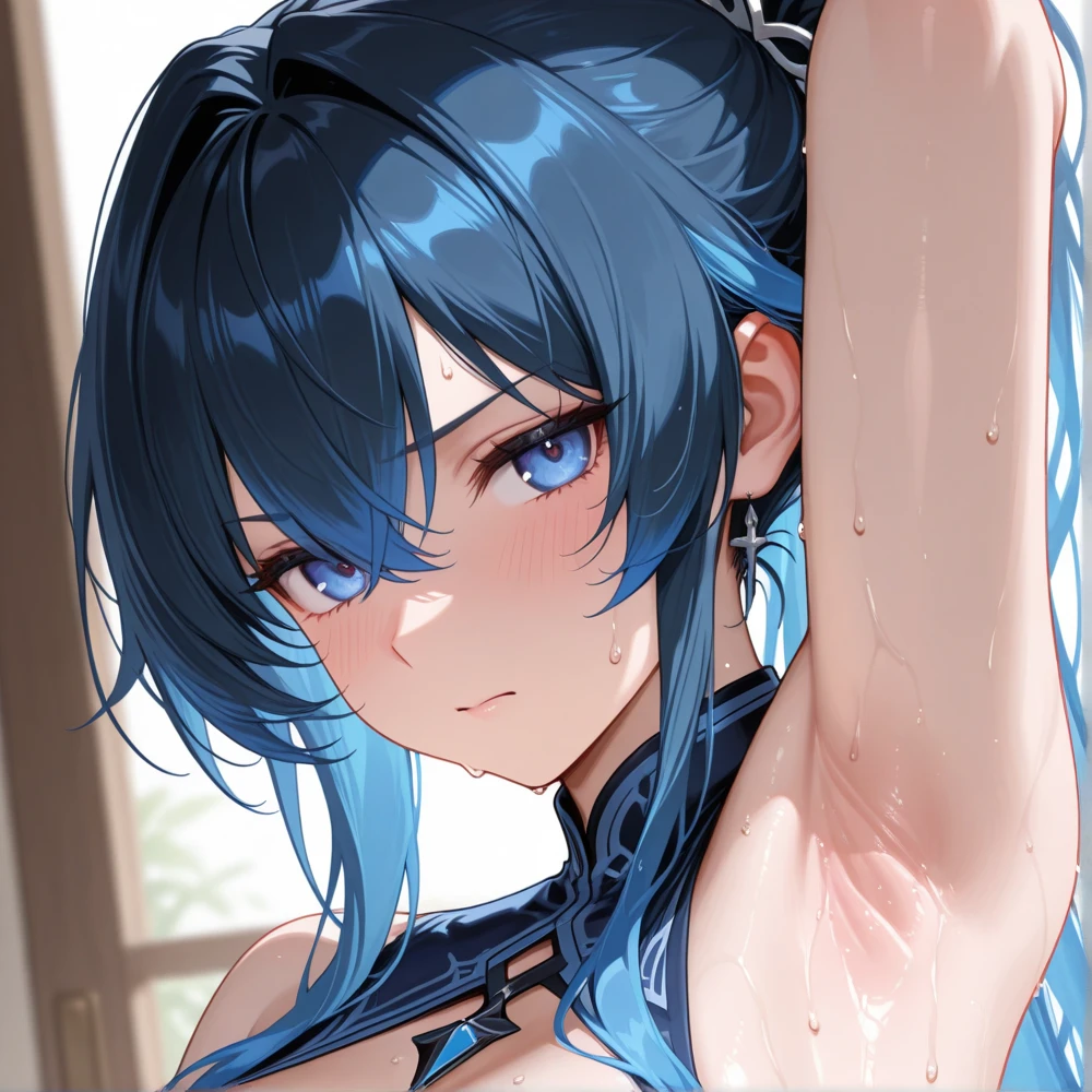 nude anime girl,black mix blue hair ,18+, no clothes, sweet, sad face, cry, sad,show breast, medium , wet, tits, nipples, horny, sexual, full HD,lying in the bath, shower, bathroom