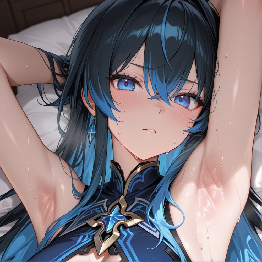 nsfw, full nude, 1girl, female masturbation, pussy, Hairless Pussy, breast, medium breast, spoken heart, from below, spread legs, (embarrassed:1.5), best quality, perfect anatomy, dynamic lighting, character focus, close to viewer, closed eyes, open mouth, long hair, yukihana lamy, pointy ears, long hair, heart ahoge, lie down on your back, blue hair