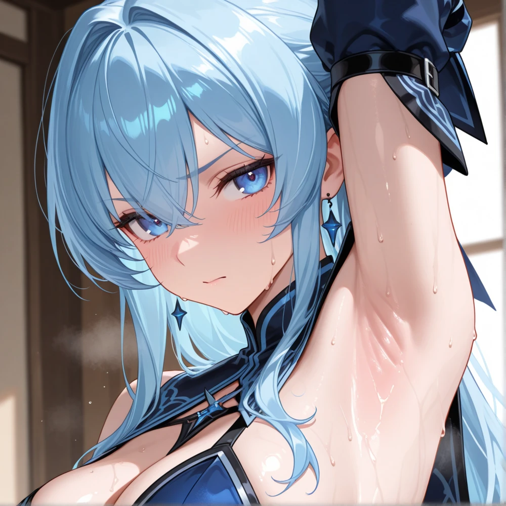 4K,8K,(masterpiece), (Highest quality), (Very detailed), (Disheveled Hair), (shape), (topless), Are standing, Fashion Model,Silver Hair、whole body、 Looking at the audience, (interview), (Simple Background), Beautiful and beautiful eyes, Delicate and beautiful face, floating, (High saturation), (topless), topless, (Shine), Focus on the face, ponytail, Ayaka Kamisato, Light blue hair, bangs, Hair Ring, floating , floating hair, (The Shining), Best lighting, Best Shadow, topless、whole body、Big Breasts、Silver Hair