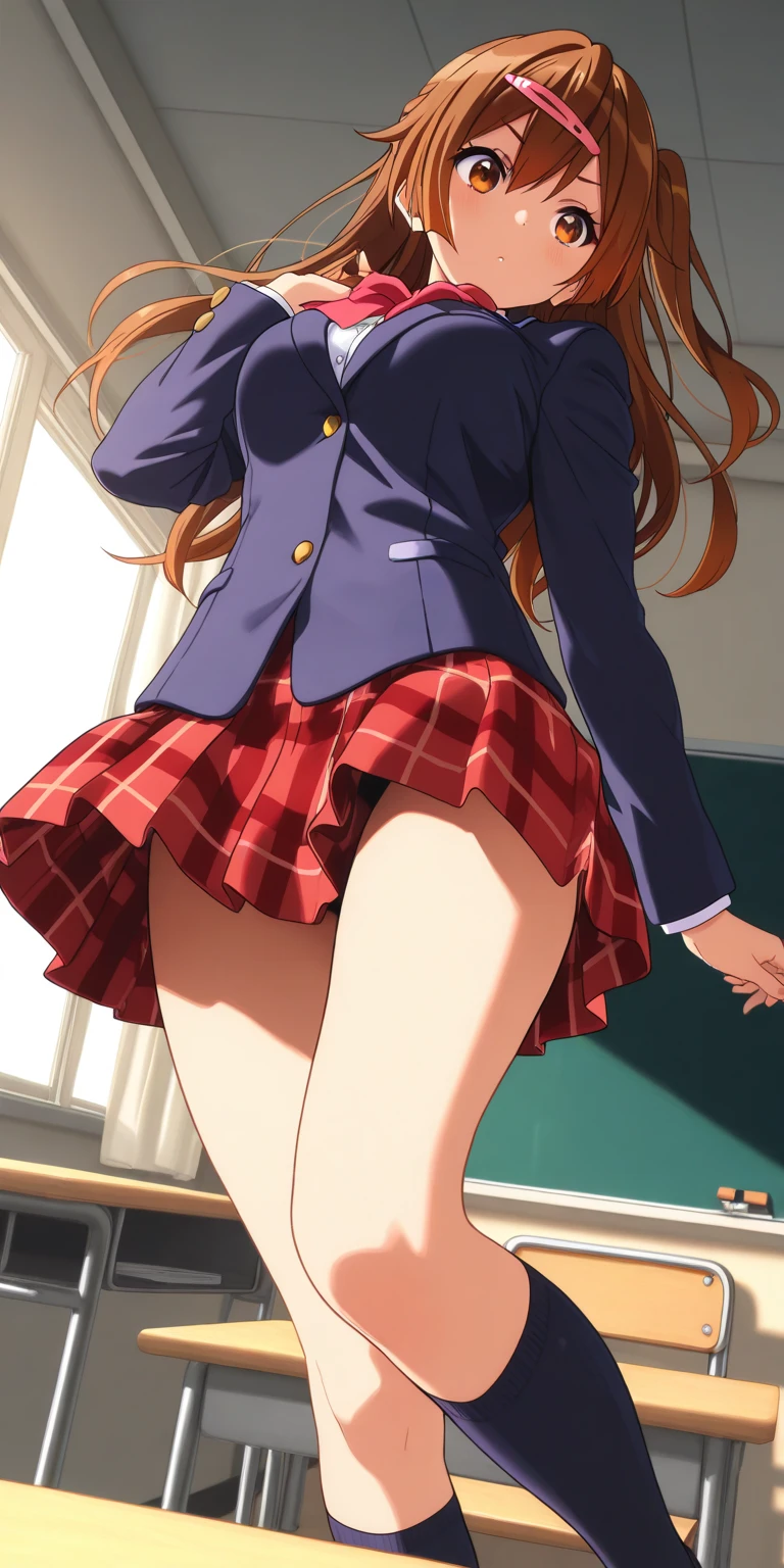 Close-up of a person wearing a short skirt and large boots,Brown Hair、(Degree of brown eyes:1.5)、One side up、ヘアribbon、ribbon、length、Throw off your blazer、Blue Skirt、Jacket、Pleated skirt、、Summer clothes、break (masterpiece:1.2)、Highest quality、High resolution、unity 8k wallpaper、(Consciousness upward:0.8)、(Beautiful and detailed:1.6)、Highly detailed face、Perfect lighting、Highly detailed CG、 (Perfect hands、Perfect Anatomy)、Look at the viewers、blush、Laughter、take a selfie in front of the mirror、Stand in front of a mirror、Pull up your skirt with your hands、 (See-through panties:1.3)、(Roll-up skirt:1.3)、(Full-fledged panties:1.5),(Show me your ass:1.3)