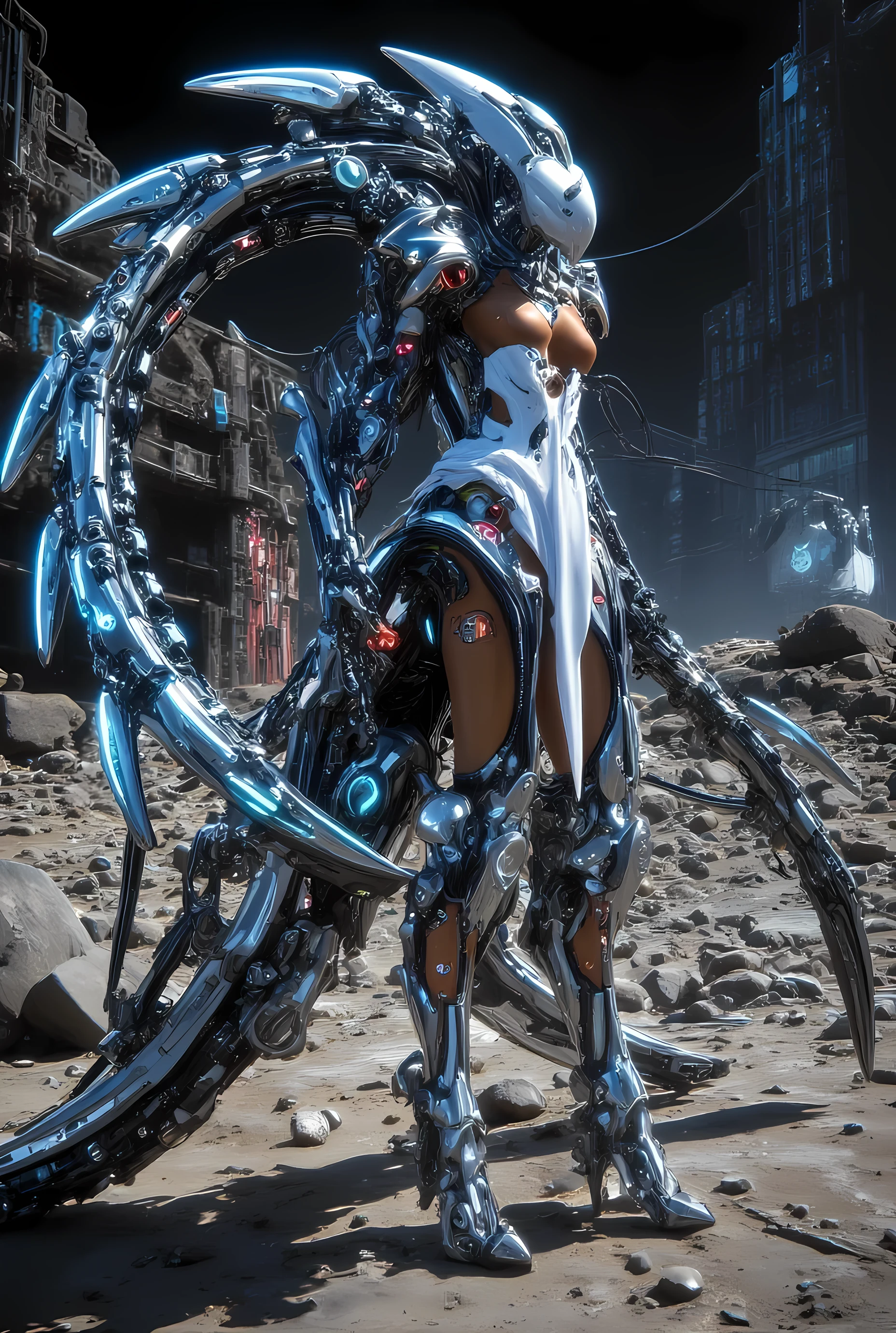 A cybernetic photograph captures a majestic 2-meter tall organomachine creature standing amidst the desolate, rocky terrain of a barren planet. The humanoid figure boasts a robust biological core encased within a metallic exoskeleton, its modular limbs incorporating mechanical actuators and biological muscles. A metal helmet adorns the head, featuring multiple bionic eyes and sensors, while pale skin is partially covered by metal plates in various colors and textures. In this harsh environment devoid of life, the organomachine creature appears to be scavenging for robotic parts and energy sources. The 8K resolution photograph showcases ultra-detailed photorealism, with cinematic lighting accentuating the drama of the scene. The creature's athletic body shape and perfect proportions are highlighted, complete with notable features such as big breasts.,cutout dress,T-90M,BTR-80,Cyberpunk_Anime,Assault rifle ,urban techwear,wabori