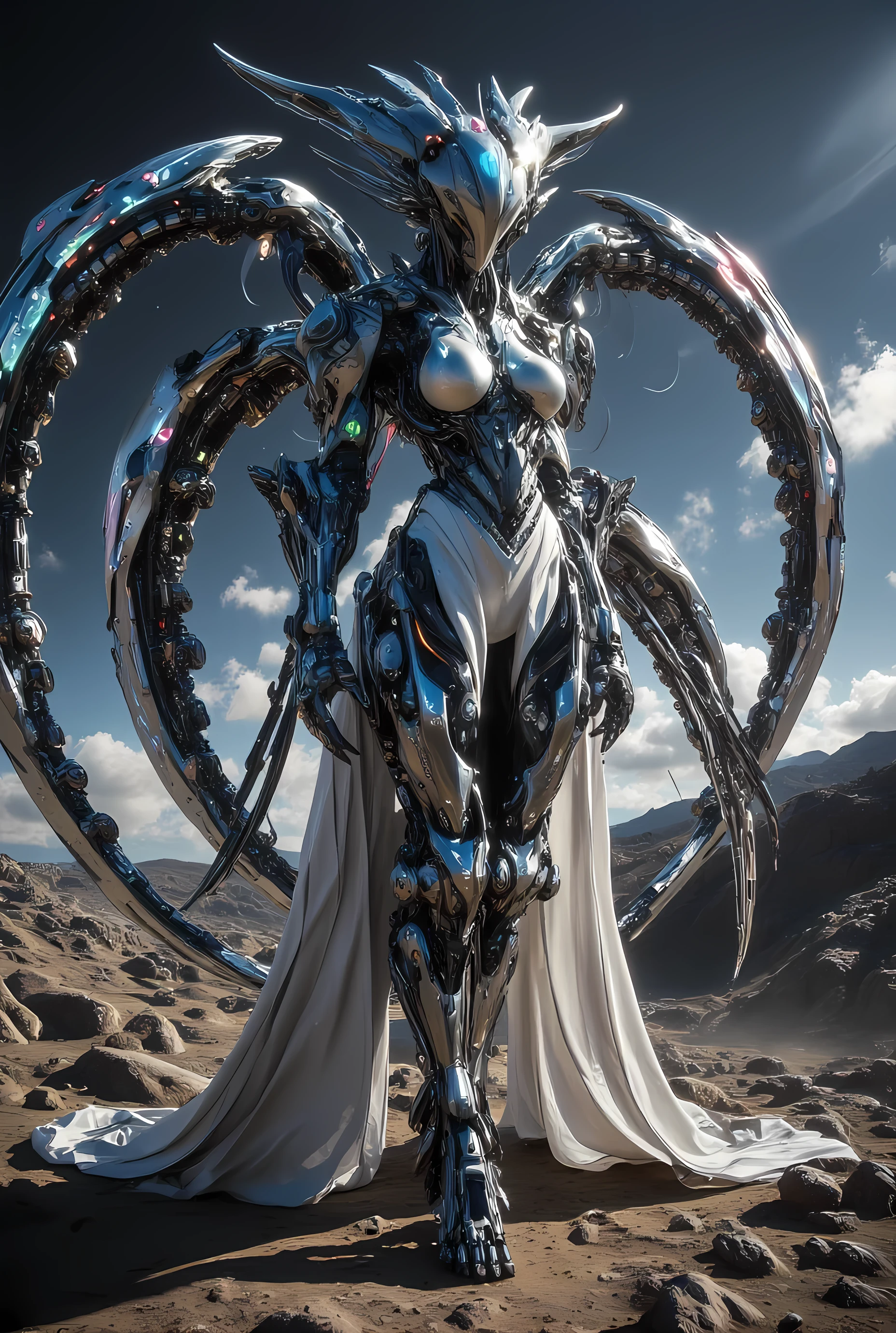 A cybernetic  photograph captures a majestic 2-meter tall organomachine creature standing amidst the desolate, rocky terrain of a barren planet. The humanoid figure boasts a robust biological core encased within a metallic exoskeleton, its modular limbs incorporating mechanical actuators and biological muscles. A metal helmet adorns the head, featuring multiple bionic eyes and sensors, while pale skin is partially covered by metal plates in various colors and textures. In this harsh environment devoid of life, the organomachine creature appears to be scavenging for robotic parts and energy sources. The 8K resolution photograph showcases ultra-detailed photorealism, with cinematic lighting accentuating the drama of the scene. The creature's athletic body shape and perfect proportions are highlighted, complete with notable features such as big breasts.,cutout dress,T-90M,BTR-80,Cyberpunk_Anime,Assault rifle ,urban techwear,wabori