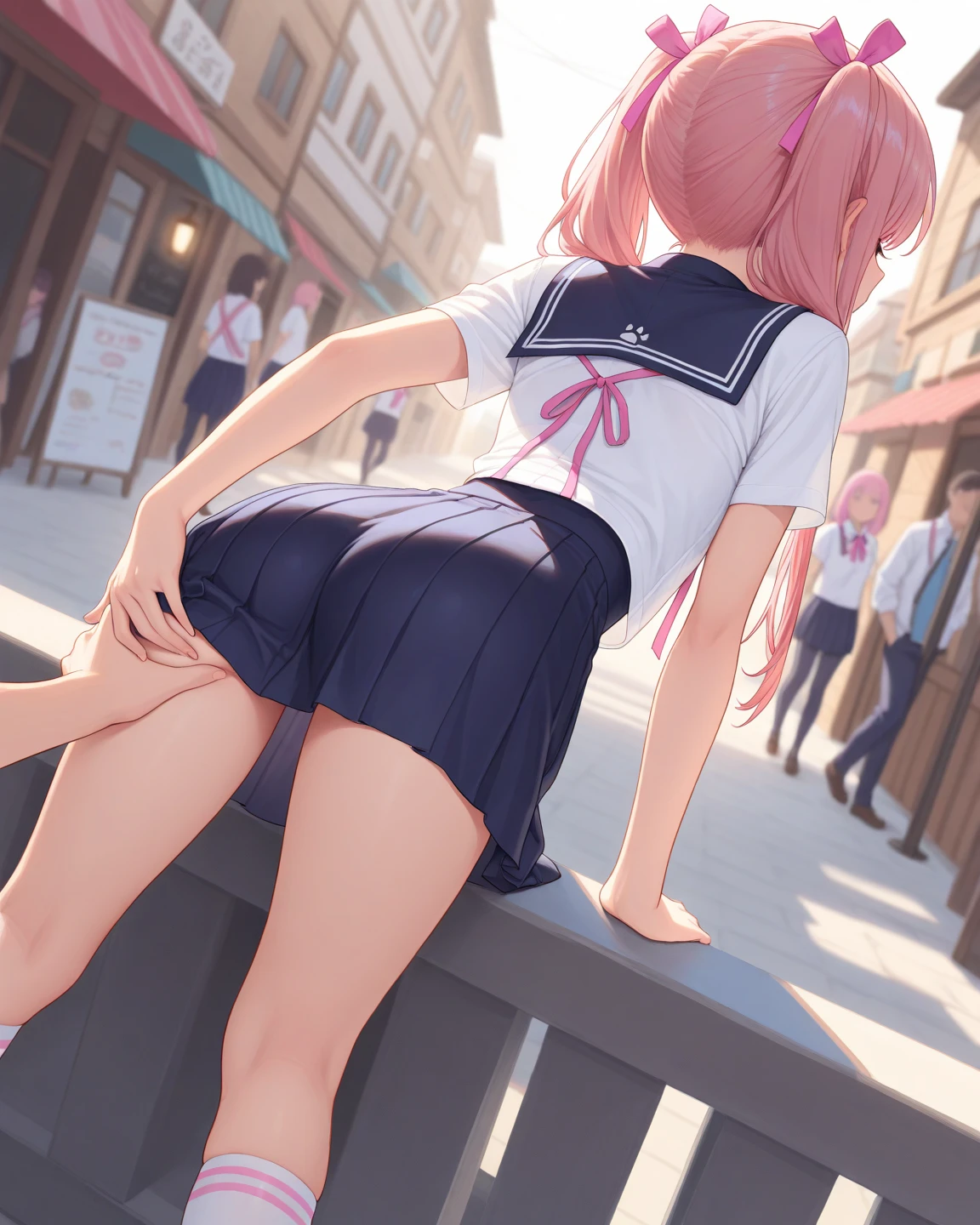 BREAK Perfect ???????、(High resolution:1.2)、Incredible illustrations、(Cute illustrations:1.2)、（Beautiful background（bushes in the park)from behind:1.8) 1little girl((multicolored pink hair hair,((((bangs over eyes)))), embarrassed,)1girl((a girl,elf 1.5meters, 25kg,18 years old female, ((tunic,poncho,short pants,asymmetric thigh-high socks, sandals),tilting head,(upskirt))(all fours) ,