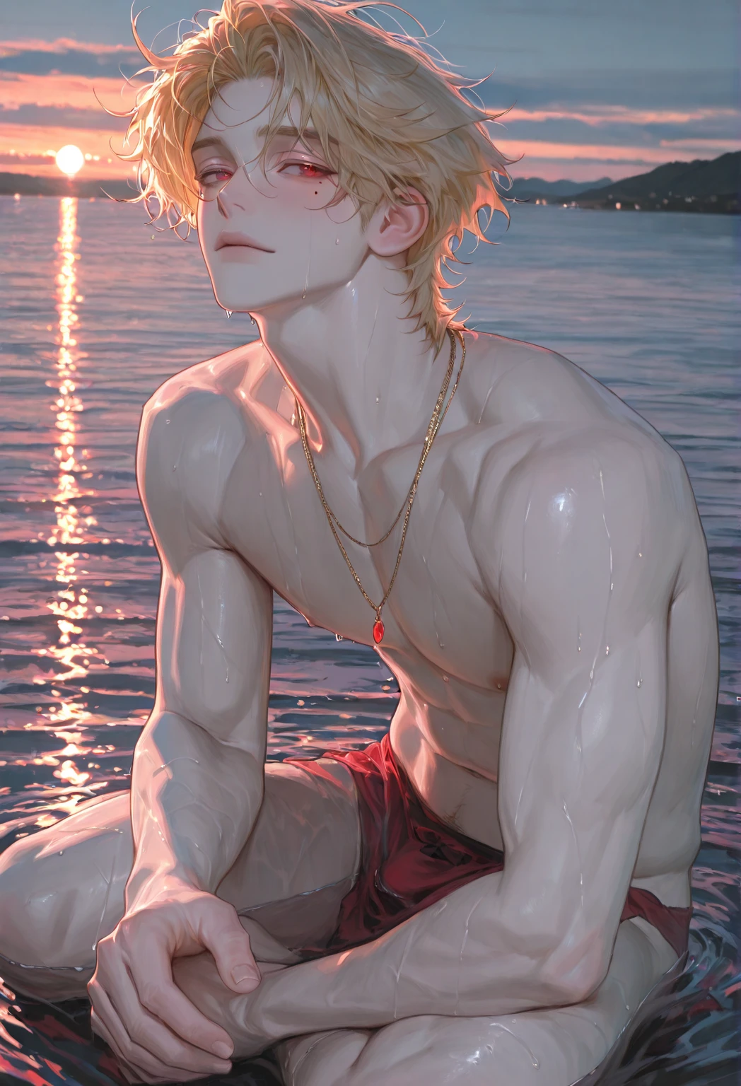 1boy,12 only、Man's,a blond、cat ear、 Collar,tattooed、naked towel,Backlighting,hot spring,steam ,dark scenary、hightquality、masutepiece,hight resolution、nsfw,