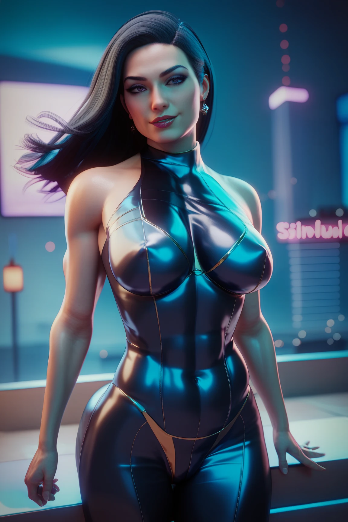 (best quality,4k,8k,highres,masterpiece:1.2),ultra-detailed,(realistic,photorealistic,photo-realistic:1.37),HDR,UHD,studio lighting,ultra-fine painting,sharp focus,physically-based rendering,extreme detail description,professional,vivid colors,bokeh,portraits,photography,night scene,dark atmosphere,warm color tones,neon lights,cityscape,urban environment,street view,fashionable,trendy,hustle and bustle. Gates McFadden(age 30, dressed in shimmering micro skirt, fishnets, and a revealing micro top, her makeup is bold and her hair is stylishly done), with her attractive appearance and confident demeanor, is strolling through the vibrant streets of Bangkok at night. The bustling cityscape serves as her backdrop, filled with dazzling neon lights that create a mesmerizing and dreamy ambience. The streets are filled with energy, and the beautiful contrast between light and shadow adds depth to the scene. As Gates walks, her hunger becomes apparent, and a subtle expression of anticipation reveals her desire for a fulfilling culinary experience. The aroma of the street food stalls wafts through the air, tempting her senses and enticing her taste buds. Her eyes are drawn to the vibrant colors of the food as vendors skillfully prepare their specialties. The atmosphere of the scene is bathed in warm color tones, enhancing the richness and depth of the surroundings. The city's nightlife comes alive as the neon lights cast an ethereal glow on the cityscape. The intricate details of the urban environment, from the bustling crowd to the unique architecture, are captured in ultra-detailed perfection. The portrait of Gates McFadden takes center stage in this scene, allowing her captivating beauty and magnetic presence to shine through. With each step she takes, her flirtatious charm becomes more evident, captivating those who catch a glimpse of her. The combination of her confident stride and alluring attire turns heads and evokes a sense of intrigue among passersby. The studio