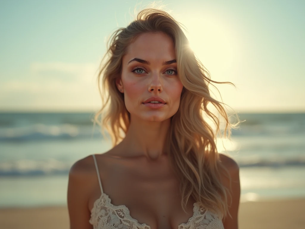 a beautiful blonde girl, 165cm tall, witout bra in water, australian, realistic, photorealistic, 8k, high resolution, masterpiece, detailed facial features, detailed eyes, detailed nose, detailed lips, detailed skin, detailed hair, studio lighting, warm color tones, ocean waves background, golden hour lighting