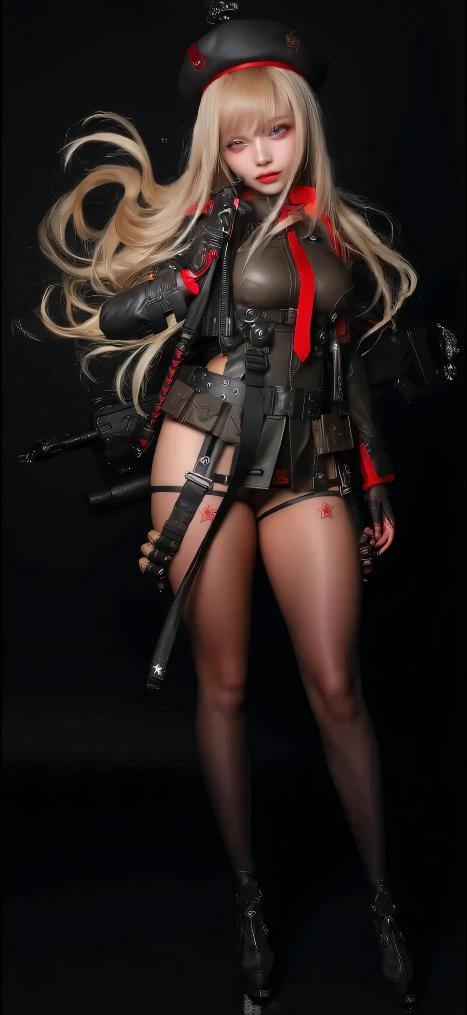 realistic, High resolution, soft light,1 female, alone, hip up, glowing skin, (detailed face),tattoo, jewelry, Bizarre uniform, black stockings, garter belt, night, blonde hair, wavy hair, Beautiful Soldier, Eyes that invite the viewer, lover&#39;s perspective, an inviting look, sexy smile, perfect style, perfect balance, fine skin, naughty look, I can see your chest、cyber punk