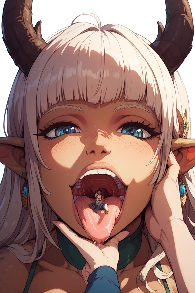 score_9, score_8_up, score_7_up, source_anime BREAK 1girl, solo, jainapost, multicolored hair, white hair, yellow hair, single braid, chest strap, cleavage, armor, corset, blue cape, gauntlets, long sleeves, blush, open mouth, big mouth, tongue, tongue out, close up, saliva, uvula, uvula, room, mouth focus, excessive saliva, giantess, room,

