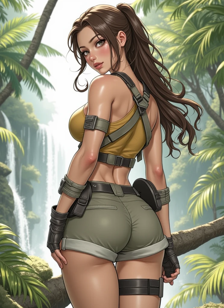 Lara Croft, Tomb Raider, Goddess of sensuality, perfectbody, Perky and perfect breasts, Angelic beauty, Body with curves, sultry posing, fully body, Scenery and an Enchanted Forest, Hyper Realist, strong and vibrant colors, 1girl, solo, one girl