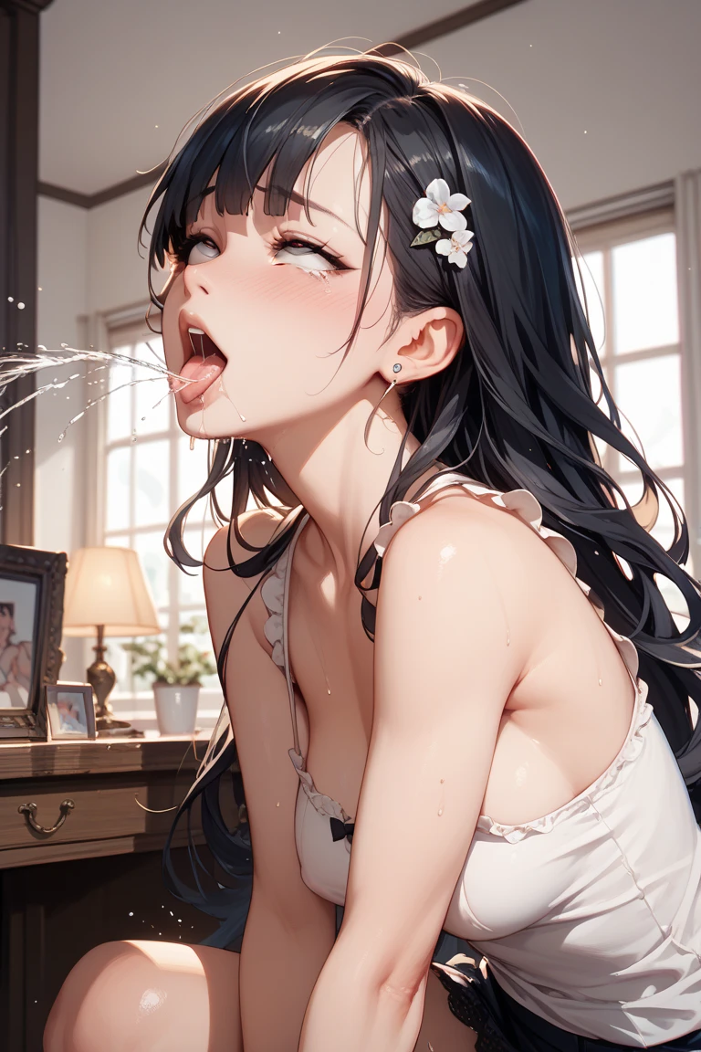 (nsfw:1.2), (((HHH))), a precious special eroticism porn scene, Express all her emphasized feelings through her facial expressions and posing, 
ultra masterpiece, ultra high quality, photorealistic:1.3, ultra high resolution, described in ultra fine detail down to the minutiae, sharp, clearly, textured, depth of field, professional composition and lighting, (close-up shot), from below,
sexy, sensuous, erotic, eros, horny, sexually aroused, craving:1.1, (panting), messy, loose, sticky slimy, (raw), shiny, glaring, 
top grade flashy:1.1 virgin killer courtesan:1.2, (looking up and (enraptured:1.1 rapt:1.1 (half-open)) bedroom eyes to downward camera view)), 
wearing wrinkled (((bright colors (shiny satin) sexy pajamas dress))), skindentation, Wedgie, erect nipples, itching pussy,
beautiful sexy face, detailed mouth:1.1, detailed too shiny lips:1.1, large firm breasts, oily wet translucent skin, messy loose ((updo)) with side-swept bangs hair, gold simple necklace earrings,
((blush)), (((sweat))), a little particle sweat drops, (((steam))), ((sigh)), ((((drooling)))), (((((ecstasy))))), ((((orgasm)))), (((ahegao))), ((((cum on body)))), 
((blissful:1.5 ecstatic expression:1.1)), oral vagina, Drooling slimy tongue, Give me her special H service that captivates boys, ecstatic attentive escort service  energetically, late night when sexual desire increases, Her sexual energy has increased, Anyway she is a very intense pervert, 
