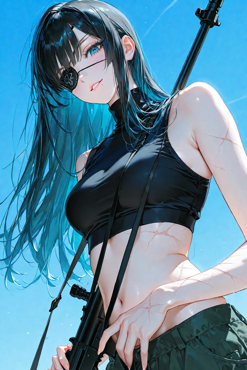 absurdres, RAW photo, extremely delicate and beautiful, masterpiece, Best Quality, ultra high resolution, 32k, hyperrealistic, ultra-detailed, perfect ???????, super Detailed skin, perfect figure, in her 20s, very Slim body, narrow waist, very small head, very small face, delicate facial features, big round tits, medium hair, black hair, tearful mole, earring, full body shot, bikini, cargo pants,