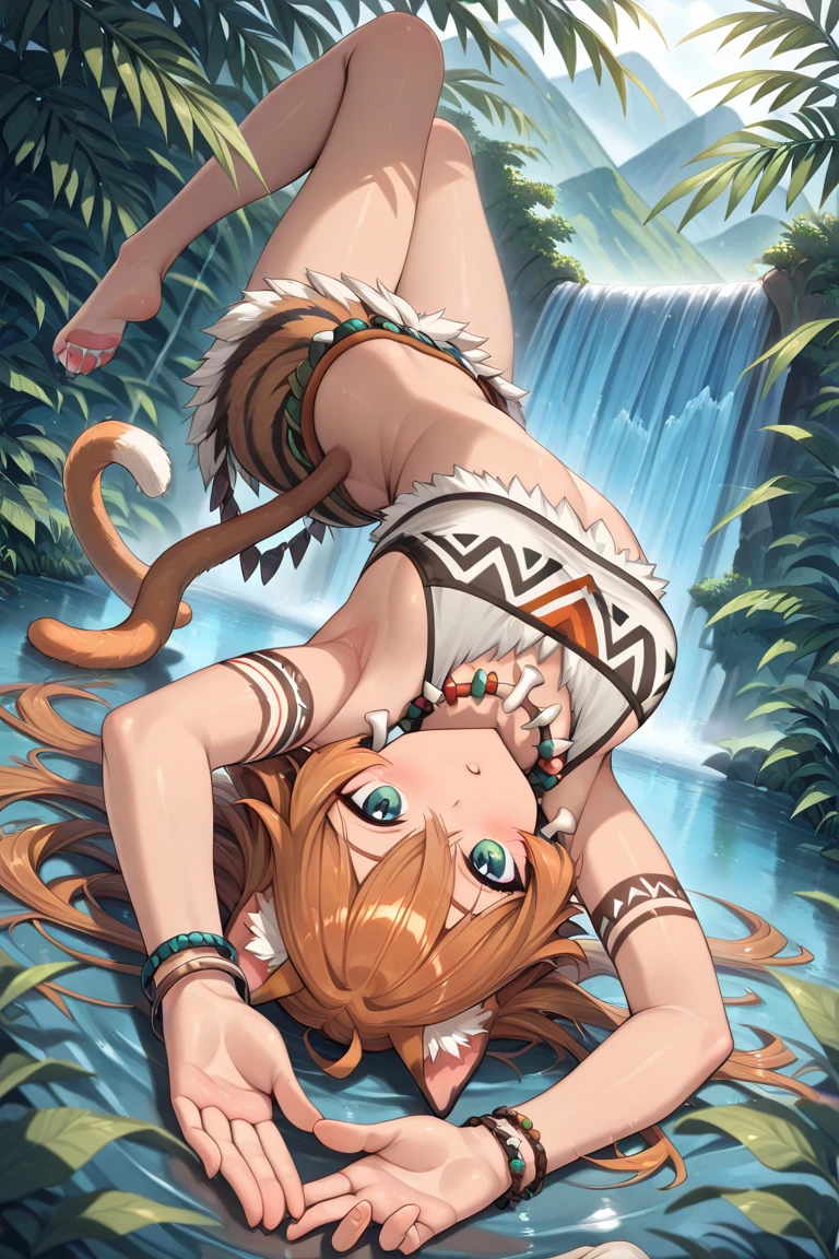 1girl, evil neuro-sama, (yuzu modoki), red eyes, light brown hair, ahoge, two side up, hair ribbon, dark red ribbon, heart hair ornament, (masterpiece, best quality), highly detailed, finely detailed, natural lighting, detailed scenery, wet, steam, outside, onsen, underwear, swimsuit, cat ears, cat tail, tail bow, squatting, spread legs, double peace sign, stomach,