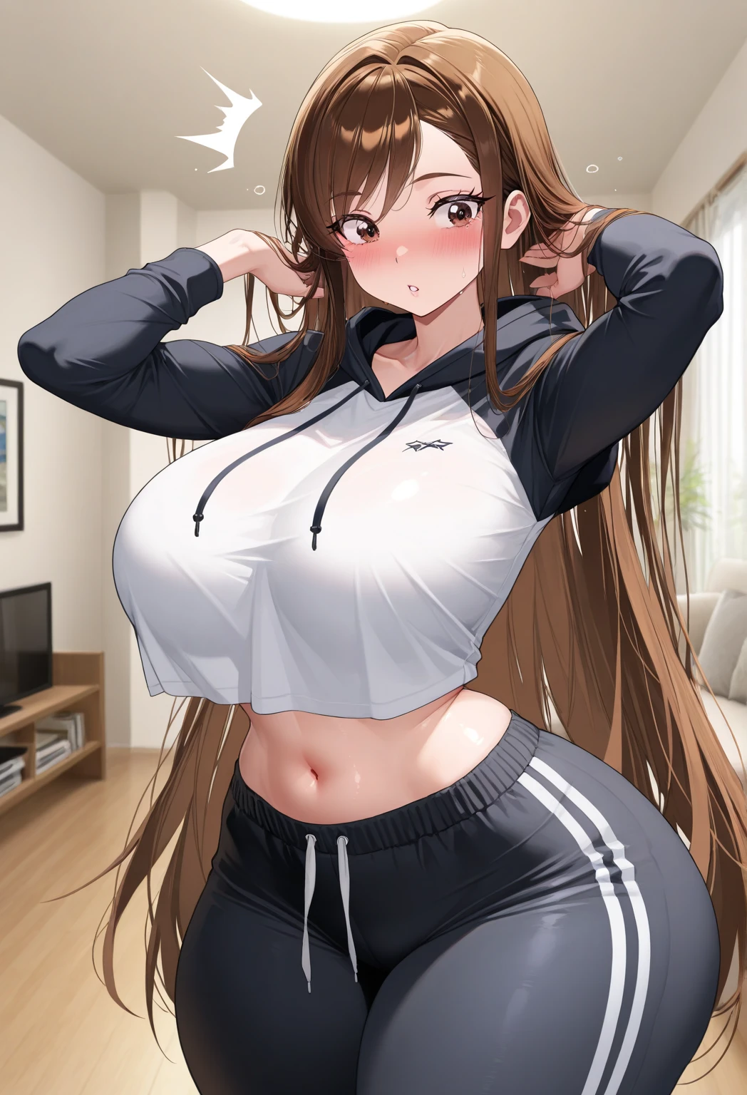 2heads, tall thin woman with 2 heads. Massive breasts. Teenager. In a bedroom with a window. Wearing a tight crop top shirt, wearing gym shorts. Messy maroon hair in a ponytail. Blushing. Spunky. Goth. Thick eyeliner. Gorgeous thin mature face. Seductive. Huge fake round tits. Huge thighs. Girlfriend. Smirking. Sexy pose.
