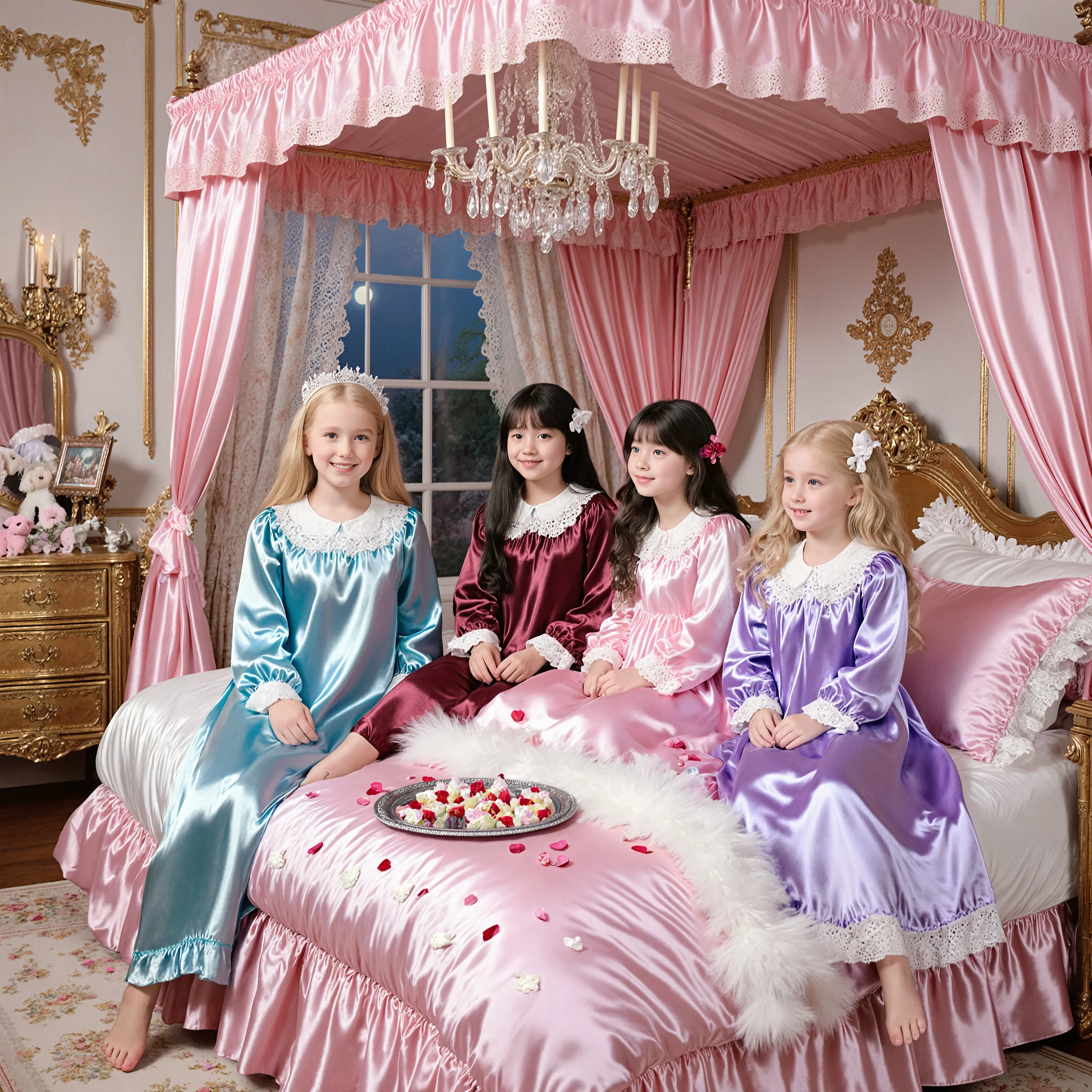 Realistic photo,4 Princesses' Pyjama Party, ((little girls,ten years old:1.5)),smile,luxurious bedroom, The intimate interaction of the princesses,:
- Blonde Princess: Light Blue Silk Nightgown, Long Hair, Blue Eyes
- Princess with Black Hair: PINK NIGHTGowns, straight long, Purple Eyes
- Maroon Princess: White Satin Nightgown, loose fluffy waves, Green Eyes
- Princess with Silver Hair: Lavender Nightgown, Twin Tails, Red Eyes on the Bed:
- pink gorgeous canopy
- pink and white silk bedspread
- piled cushions
- fluffy feather pillows
- scattered rose petals
- Lace Decor Room Decor:
- Huge Crystal Chandelier
- gold-decorated walls
- large windows and lace curtains
- antique furniture
- A luxurious dresser
- Window accessories let in the moonlight:
- Silver tray filled with sweets
- crystal glasses
- An open picture book
- sparkly accessories
- Stuffed animals
- Expression of natural shadows
- Lively look
- In this prompt、I cherished the intimate interaction of the princesses、Large pink canopy bed、I cherished the peaceful atmosphere。
