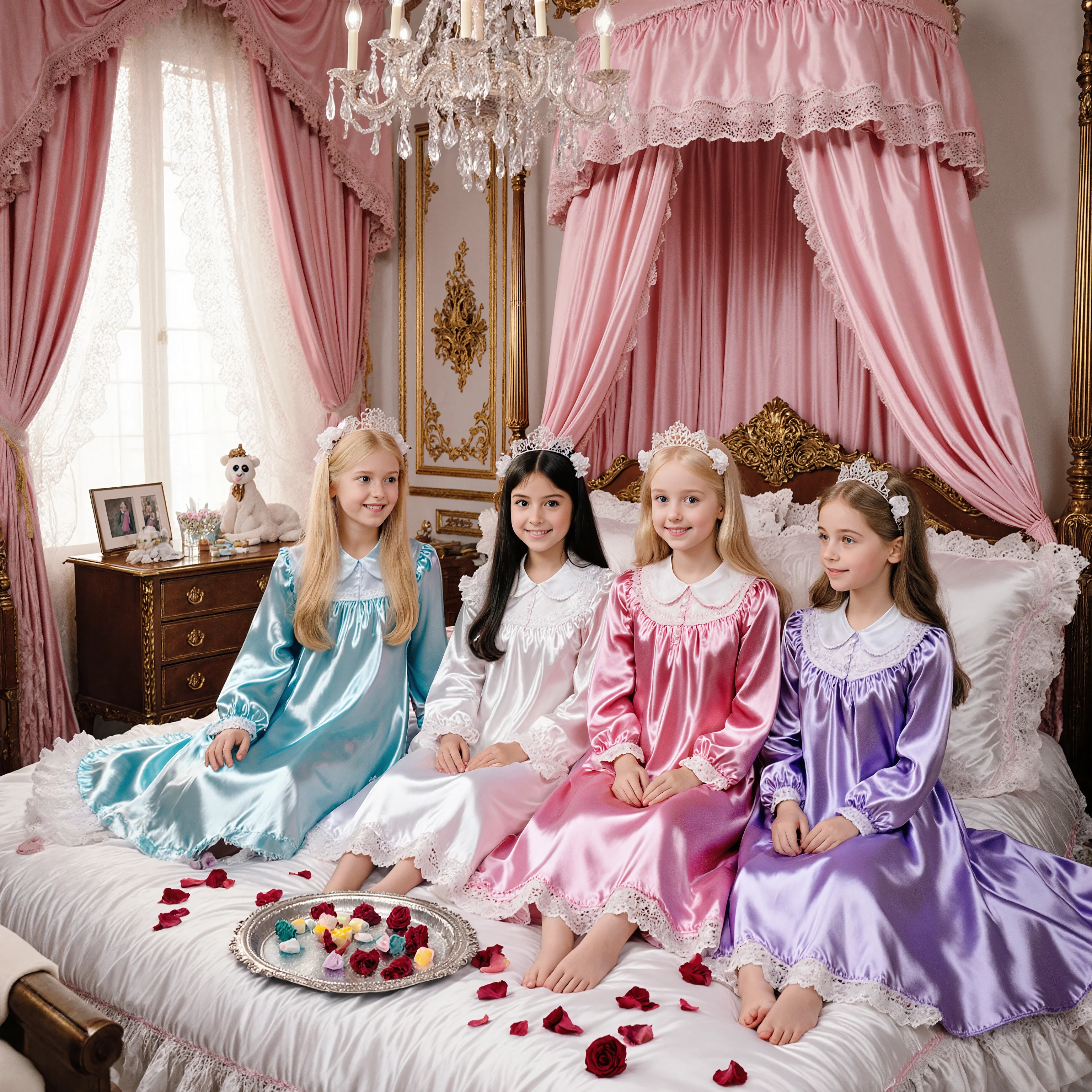 Realistic photo,4 Princesses' Pyjama Party, ((little girls,ten years old:1.5)),smile,luxurious bedroom, The intimate interaction of the princesses,:
- Blonde Princess: Light Blue Silk Nightgown, Long Hair, Blue Eyes
- Princess with Black Hair: PINK NIGHTGowns, straight long, Purple Eyes
- Maroon Princess: White Satin Nightgown, loose fluffy waves, Green Eyes
- Princess with Silver Hair: Lavender Nightgown, Twin Tails, Red Eyes on the Bed:
- pink gorgeous canopy
- pink and white silk bedspread
- piled cushions
- fluffy feather pillows
- scattered rose petals
- Lace Decor Room Decor:
- Huge Crystal Chandelier
- gold-decorated walls
- large windows and lace curtains
- antique furniture
- A luxurious dresser
- Window accessories let in the moonlight:
- Silver tray filled with sweets
- crystal glasses
- An open picture book
- sparkly accessories
- Stuffed animals
- Expression of natural shadows
- Lively look
- In this prompt、I cherished the intimate interaction of the princesses、Large pink canopy bed、I cherished the peaceful atmosphere。