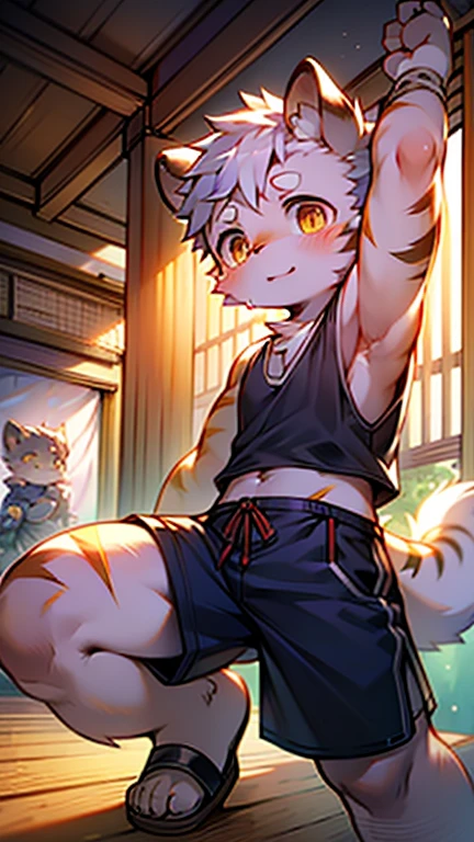 Green Fur, Feline, Tiger Boy, Orange Patterns, Blue Eyes, Tatami Room
