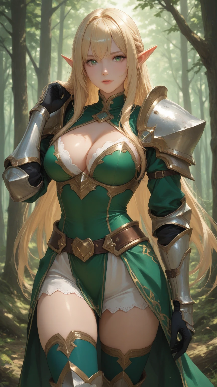 (High quality, Ultra detailed, best quality, insanely detailed, beautiful, masterpiece)、(Running with a sword:1.5)、Brown wavy long hair、(Sleepy look、Embarrassing、Bitch、Slut、Prostitute)、(emerald green metallic micro bikini、White armor、Female Knight、(Huge breasts:1.5)、Underboob、Sideboob)、(Absolute area、Camel toe、belly button、Browsing Caution、Thick thighs、Wide Hips)、(NSFW:1.5)、(Ruins of the World Tree Forest:1.5)
