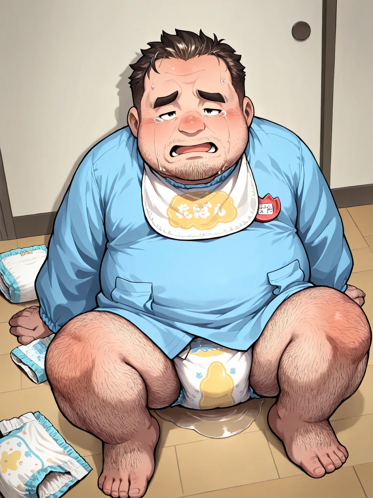 big fat dad, middle-aged,wide forehead,severe thinning hair,round face,stubble,hairy body,tearful,Bib,Diapers,kindergarten uniform,Japanese, Toddling bowlegs in playpen, The floor beneath him has a small puddle of liquid, high quality,無修正,high detailed,masterpiece,