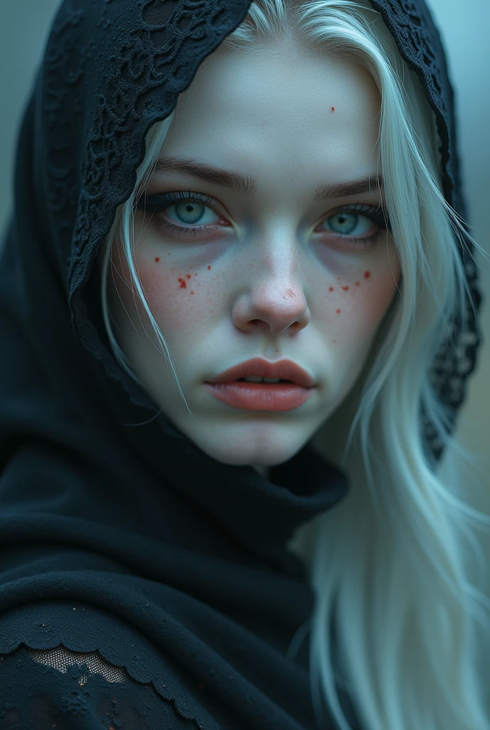 a close up of a person with a mask on, in style of luis royo, the piercing stare of yuki onna, 3 d character render, cyberpunk assassin, elvish blonde male warrior, tuareg, she is dressed in shaman clothes, an edgy teen assassin, white snow, geisha, white ink, beautiful gorgeous digital art