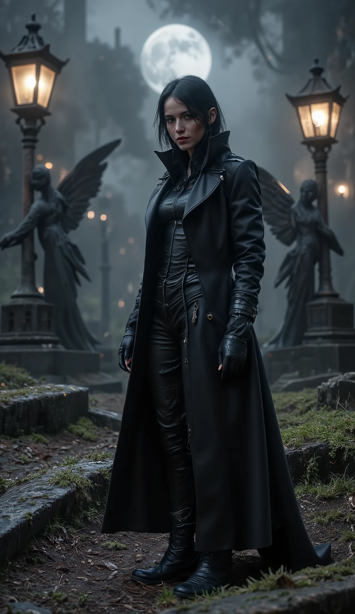 hyper-realistic cinematic night scene in an old fog-covered cemetery, wide shot with shallow depth of field. The focus is entirely on the foreground: broken gravestones, moss-covered stone angels, damp earth, and swirling bluish-gray fog. In the distant background, slightly obscured by mist and completely out of focus, stands the blurred silhouette of a woman — Jezebel Snow. She wears a long black leather coat and a tight black leather shirt underneath, her form subtle and sleek, almost blending into the shadows. Her posture is still, unreadable. The fog diffuses her outline, turning her into a ghost-like figure lost between the tombs.

Dim oil lanterns flicker on rusted posts, casting golden glows that fade quickly into the fog. The full moon above leaks soft silver light through cracked clouds, illuminating the cemetery in pale tones. Crows are perched on the edges of tilted gravestones. No other figures are visible. The scene feels like time has stopped — with only one distant, silent presence watching. Cinematic composition, deep emotional tension, 16:9 format, photo-realistic textures, dramatic lighting, no characters in sharp focus.

Negative Prompt: characters in focus, smiling, fantasy clothing, cartoon style, futuristic objects, daylight, bright colors, AI artifacts, plastic skin, flat lighting

