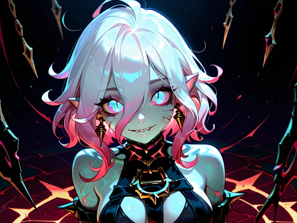 tmasterpiece, Best quality at best, 超高分辨率),1 girl with white short hair and cat ears,scarab creature, pervert smirk, Insect body, long-armed creature,White hair, (bloods), (Horrible body beetle creature), ((Detailed black scary insect creature body)), Bob Che, ogre,fanciful, beautiful and detail face, 詳細な目, glowing light eyes, Extra eyes, horror theme, smallunderboob,In a dark cave,Be red in the face, nervous smile,Embarrassing, (Pink Lolita dress), a pink eyes, looking at viewert,(gray theme)，Void creatures