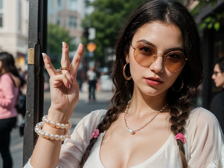 Oversized, tinted sunglasses with a playful Y2K-inspired butterfly silhouette lie open on a brightly colored checkerboard rug. The lenses have a gradient tint with pops of neon color and a futuristic, retro aesthetic.