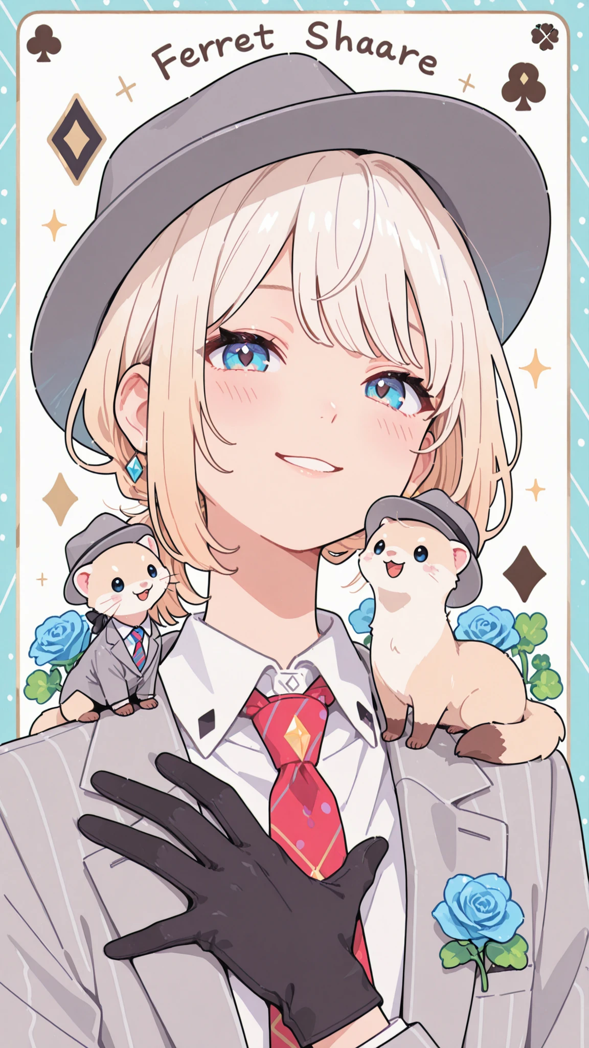 masterpiece, best quality, amazing quality, very aesthetic, high resolution, ultra-detailed, absurdres, newest,
1boy, animal, birthday ,black_gloves, blonde_hair, blue_border, blue_eyes, blue_flower, blue_rose, border, character_name, chibi, clothed_animal, clover ,collared_shirt ,diagonal-striped_clothes,fedora, diagonal-striped_necktie, dot_nose, dress_shirt ,english_text, flower ,gloves ,grey_hat, grey_suit, hat ,heart ,male_focus, multicolored_necktie, necktie, official_alternate_costume, official_alternate_hairstyle,parted_lips, pet, playing_card,_theme,portrait ,red_necktie, rose, shirt ,smile, solo_focus,sparkle, striped_clothes, striped_necktie, suit ,virtual_youtuber ,white_shirt, white_suit,
(ferret pet,diamond_(shape):1.3),ferret, spade_(shape), outside_border, polka_dot_border,
pet on_shoulder, hand_on_own_chest, hands_up, multiple_pet_views, open_mouth,