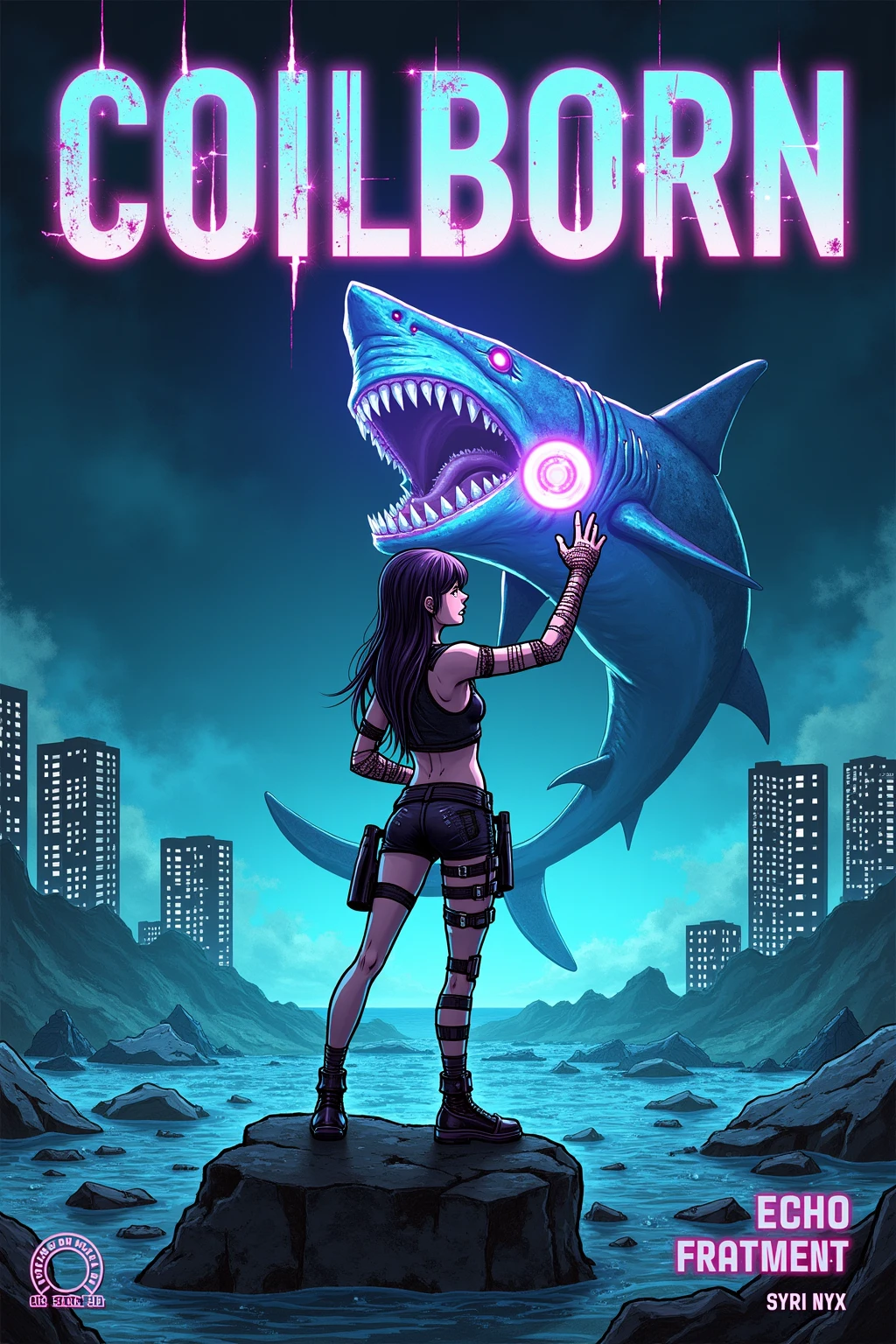 (best quality, masterpiece:1.2), girl, futuristic suit, torn clothes, weapon atached on her back, scars on face, flying missile, (neon lights), glowing lights, futuristic street, destroyed cars on fire, (electric balls on the ground:1.5), (lighting storm), explosion, smoke, space ships, ((big monster on the background)), 4k res, 8k, higly detailed textures, cinematic shot, intricate details, <lora:add_detail:1.2>,