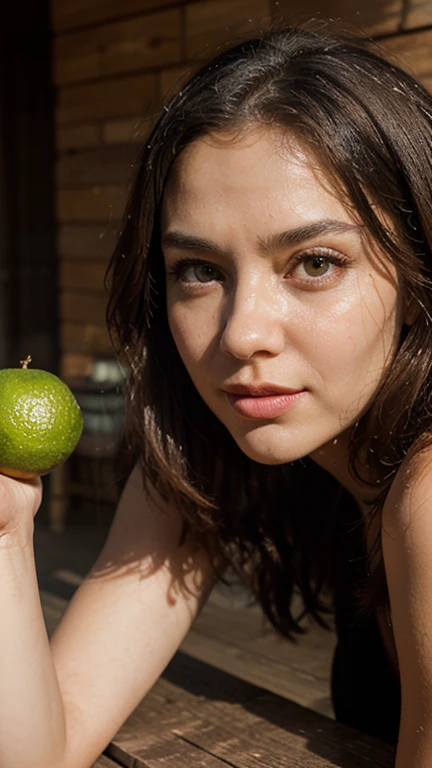 ((best quality)), ((masterpiece)), (detailed), perfect face super detailed face super detailed eyes , yellow micro mini bikini , curvy body , eating big  meet