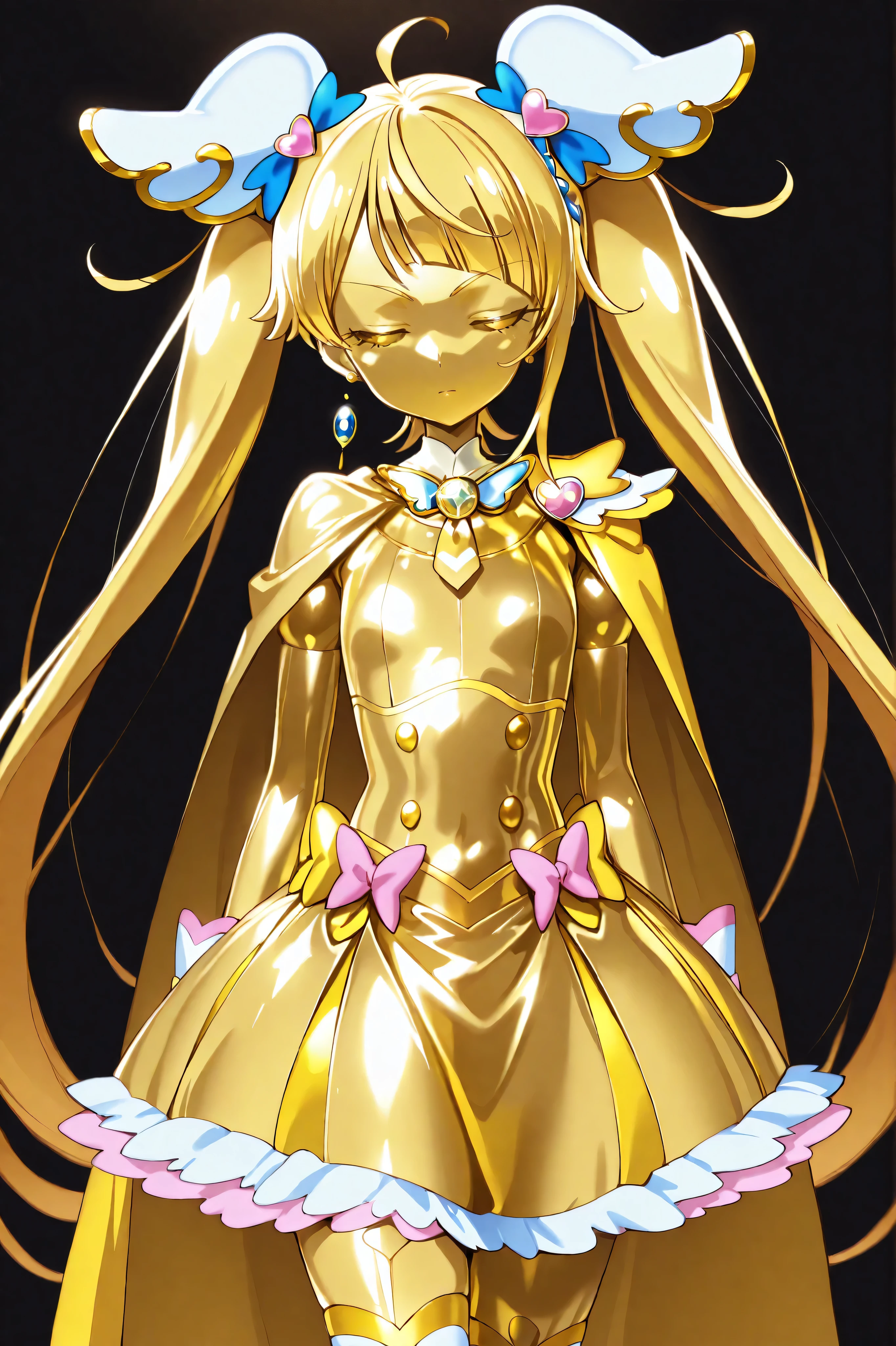 Cure Sky, masterpiece, best quality, Newest, very high resolution, closed eyes, yellow hair, yellow sclera, closed mouth, No students, Yellow skin, glossy skin, metal skin, Black eyebrows, Slanted eyebrows, 1girl, solo, Cowboy Shot, standing, dynamic on the background, watching viewers, sleeping, Serious Expression, black background, Hands on Her Hips, Gold_butterfly hair ornament, Long Hair, Gold_Knee Socks, 太ももまで長いKnee Socks, Magical Girl, Gold_skirt, under skirt, hair ornament, Gold_gem, Gold_gloves, Gold_Twin Tails, Gold_ribbon, golden hair ornament, Gold_cloak, metallic outfit