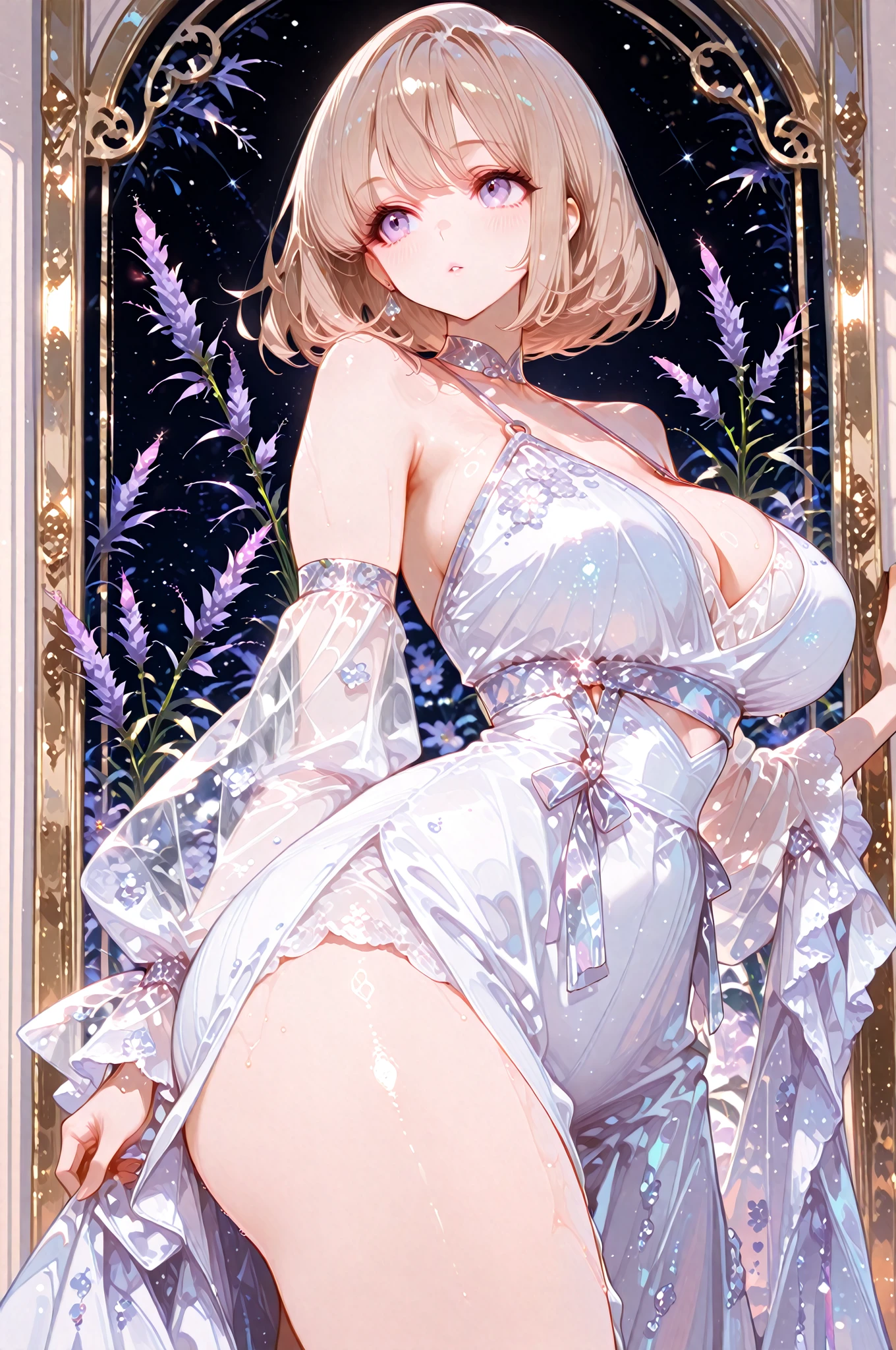 A flawless girl wearing a white tulle moonlight with perfect body proportions，Girls wear precious metal jewelry，moist skin dream background，Starry sky as background, white stockings looking at you tenderly