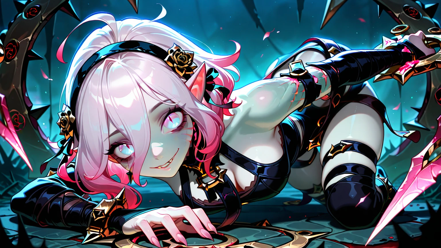 White-haired girl wearing black latex clothing and black stockings。The white-haired girl is the mother of the Zerg。White-haired girl with red eyes,White-haired girl spits out bugs and tentacles,Tentacles wrapped around white-haired girl。The little bug drains the human husband dry。White-haired girl's mouth sucks human husband's bodily fluids。White-haired girl in black latex plays with human husband。White-haired girl shows huge breasts,smile。The two lay on the bed,Countless insects surrounded the two of them,Bugs emerge from the mouth of a white-haired girl from the Zerg mother body