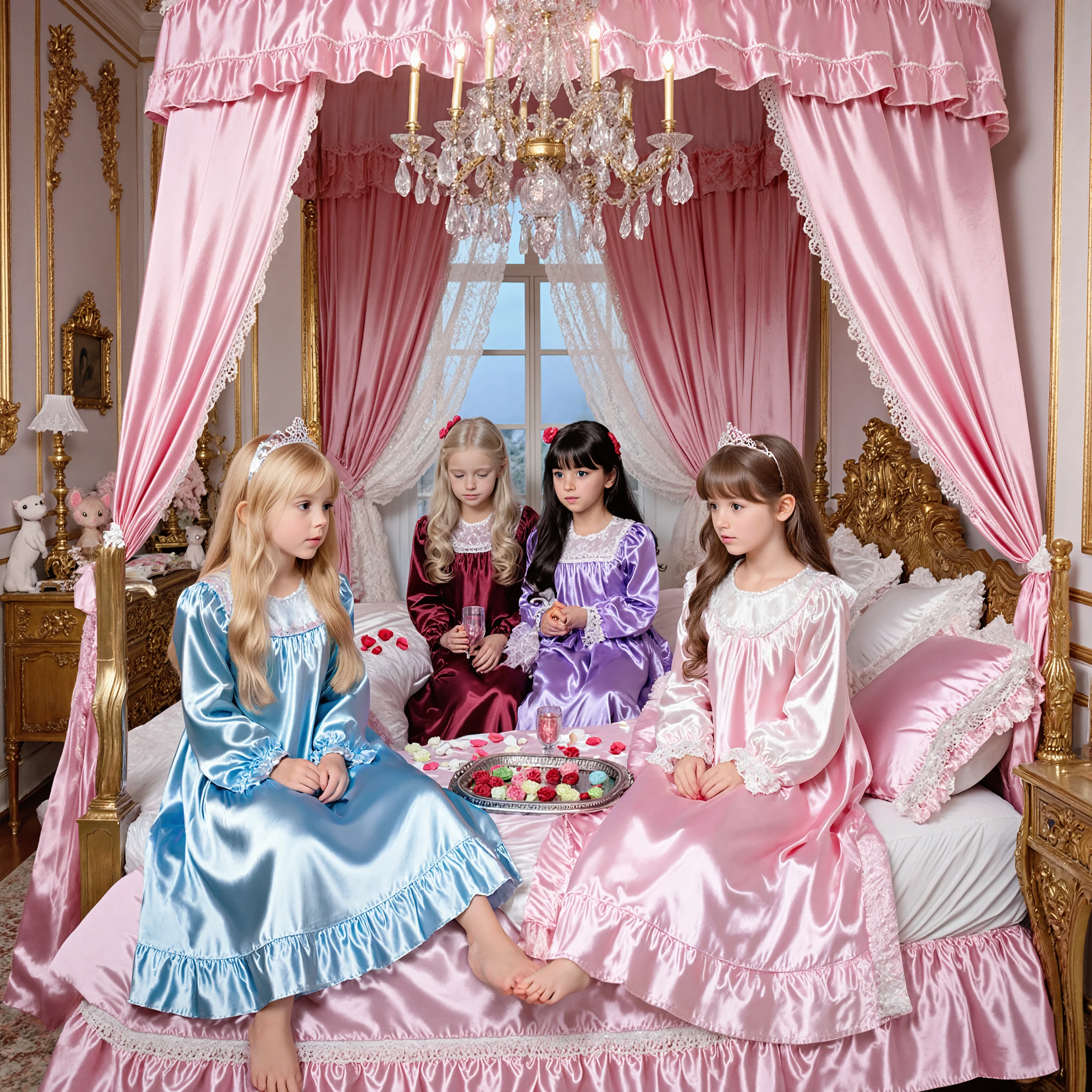 Realistic photo,4 Princesses' Pyjama Party, ((little girls,ten years old:1.5)),luxurious bedroom, The intimate interaction of the princesses,:
- Blonde Princess: Light Blue Silk Nightgown, Long Hair, Blue Eyes
- Princess with Black Hair: PINK NIGHTGowns, straight long, Purple Eyes
- Maroon Princess: White Satin Nightgown, loose fluffy waves, Green Eyes
- Princess with Silver Hair: Lavender Nightgown, Twin Tails, Red Eyes on the Bed:
- pink gorgeous canopy
- pink and white silk bedspread
- piled cushions
- fluffy feather pillows
- scattered rose petals
- Lace Decor Room Decor:
- Huge Crystal Chandelier
- gold-decorated walls
- large windows and lace curtains
- antique furniture
- A luxurious dresser
- Window accessories let in the moonlight:
- Silver tray filled with sweets
- crystal glasses
- An open picture book
- sparkly accessories
- Stuffed animals
- Expression of natural shadows
- Lively look
- In this prompt、I cherished the intimate interaction of the princesses、Large pink canopy bed、I cherished the peaceful atmosphere。