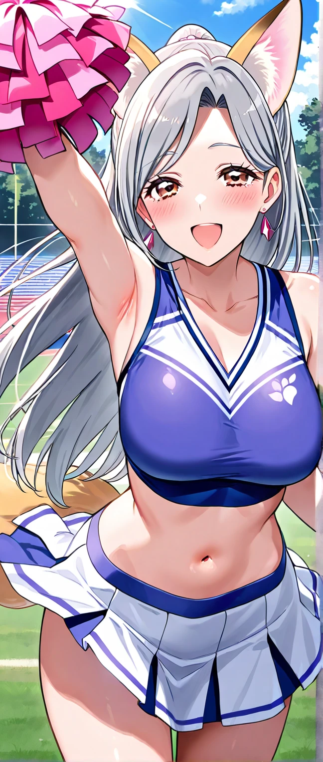 (masterpiece:1.2, best quality:1.2, beautiful, high quality, highres:1.1, aesthetic), detailed, extremely detailed, ambient soft lighting, 4K, perfect eyes, perfect face, perfect lighting, 1girl, solo, huge breasts, huge ass, huge thighs, narrow waist, wide hips, thick thighs, curvy, standing, looking at viewer, facing viewer, Emilia, Emilia from re zero, long hair, silver hair, blunt bangs, braid, hair ornament, hair flower, hair ribbon, purple ribbon blue pupils, purple eyes, ringed eyes, elf, cleavage, center opening, hands up,hands in the air, jumping, pompoms, cheerleader, cheerleader outfit, mini skirt, exposed midriff, underboob, bouncing breasts,, blushing,sweating, (breathing hard), (panting), anime, smile, outdoors, (masterpiece:1.2), highres, best quality, 8k, very clear,